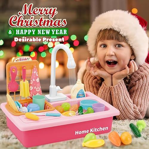 Vista 6 de BOBXIN Fregadero de juego con agua corriente, fregadero de juguete de cocina para niños pequeños, juego de roles eléctrico para lavavajillas, juego