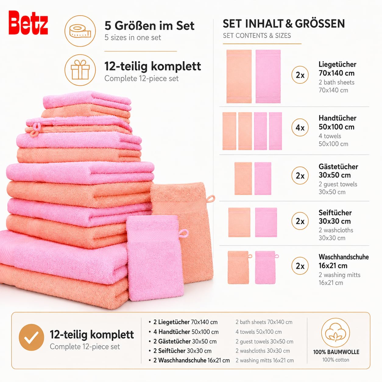 Betz Lot de 12 pièces 100% Coton Palermo 2 draps de Bain 4 Serviettes de Toilette 2 d'invités 2 lavettes 2 Gants de Toilette Couleur Abricot et Rose