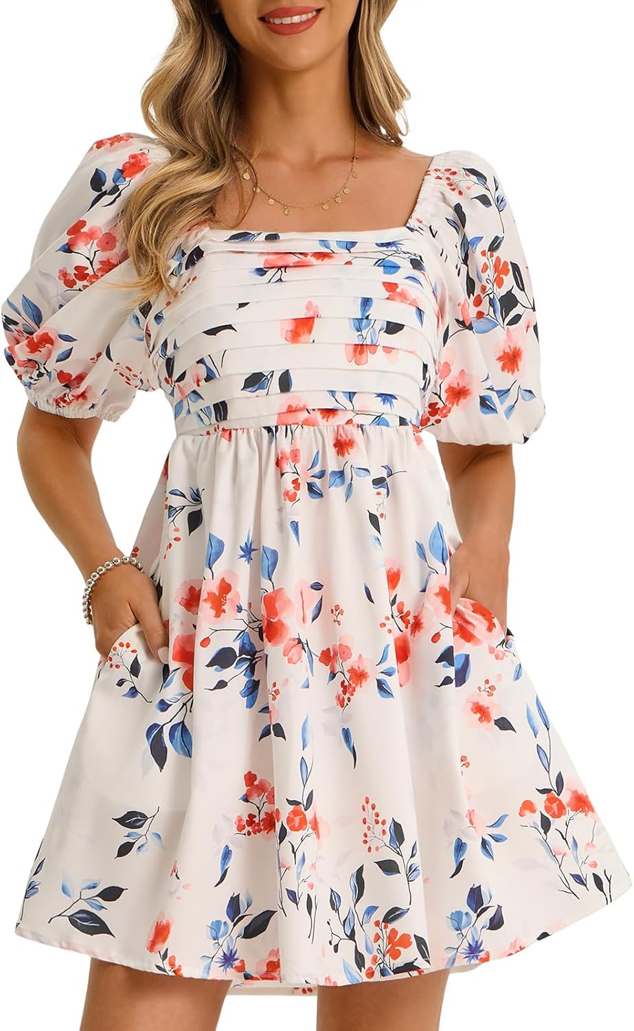 Wenrine Womens Summer Square Neck Mini Dresses Casual Floral Puff Short Sleeve Smocked High Waisted A-Line Babydoll Dress