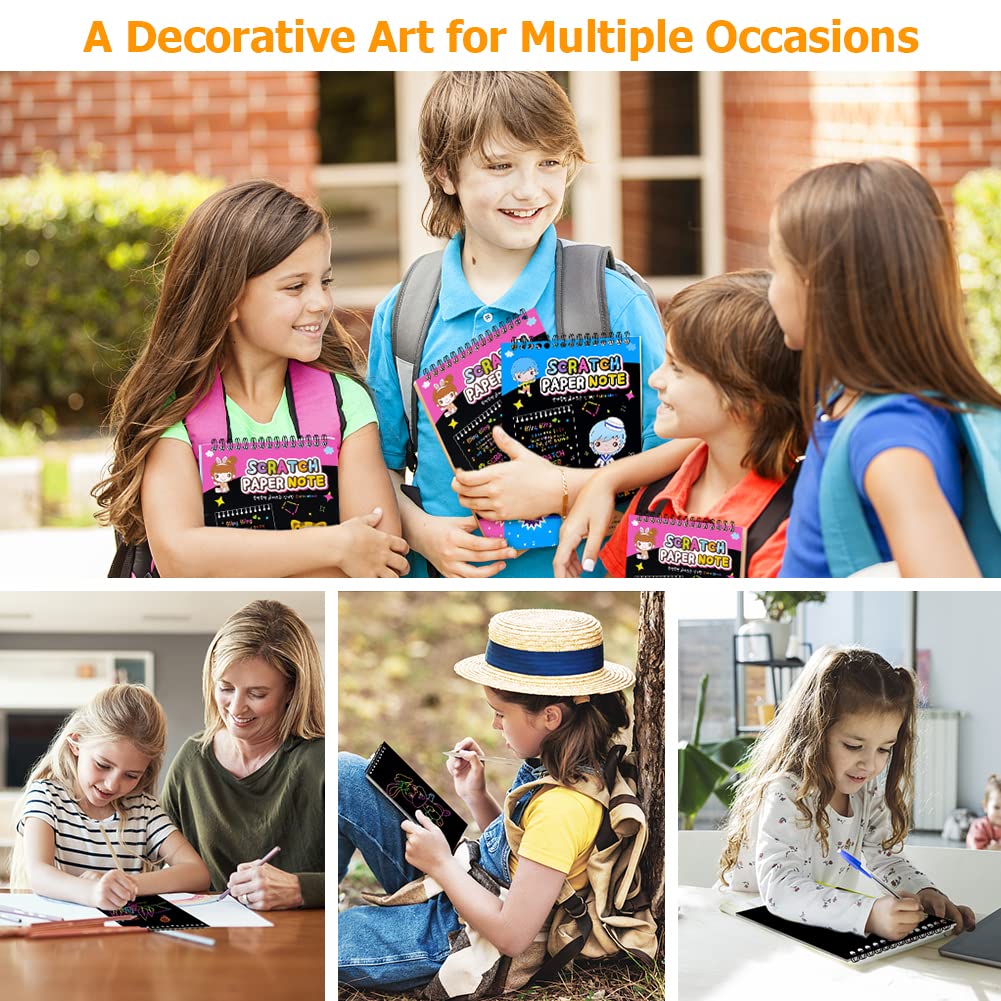 OFFCUP Carte à Gratter 2 Pack Scratch Art Notes Dessin pour Enfant avec 4 Règles de Gabarit et 4 Stylets en Bois 14x20cm