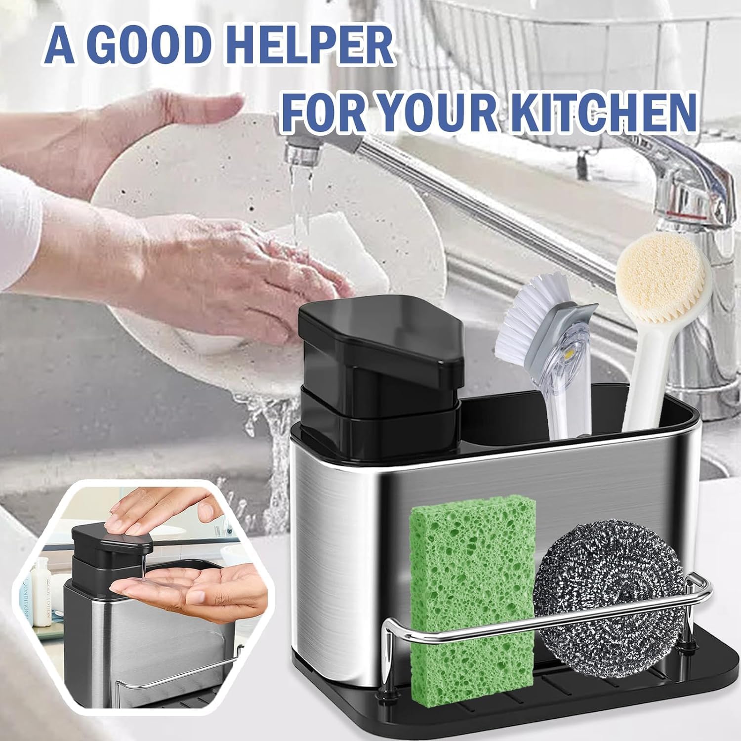 SARNESHWERAM Stainless Steel 3-in-1 Soap Dispenser Sponge and Brush Holder Sink Drainer Rack for Kitchen Caddy Organizer with Refillable Soap Pump Stand 4
