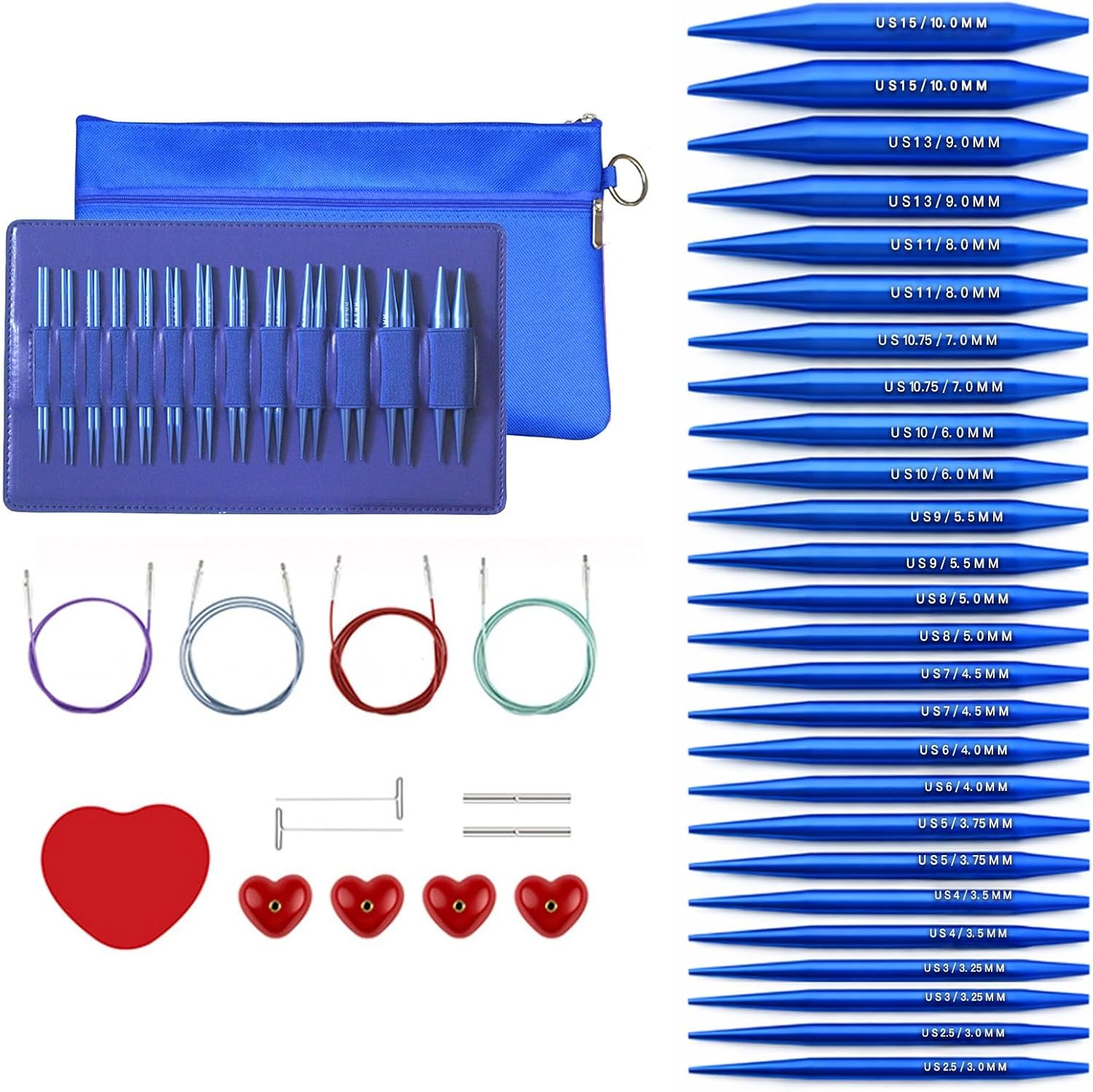 Persevere Interchangeable Knitting Needles Set, 13 Pairs Aluminum Tips (3-10 mm) with 4 Cables & Case, Smooth Joints, for Beginner & Advanced Knitters, DIY Crafts (Blue)