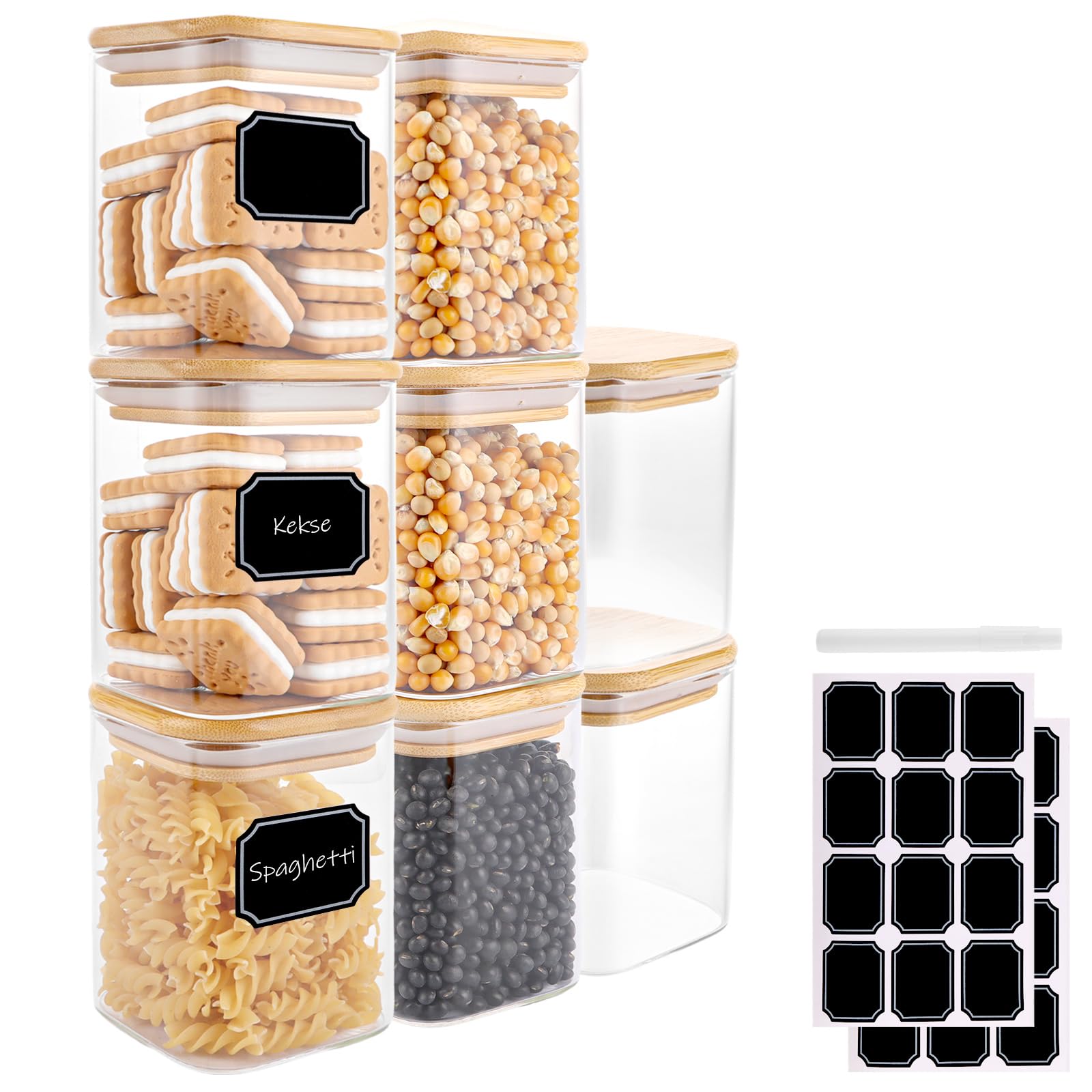 YAYODS 8 tarros de cristal rectangulares con etiquetas, 0,5 L, herméticos, pequeños, con tapa de madera, para granos de café, espaguetis, harina, azúcar (sin BPA)