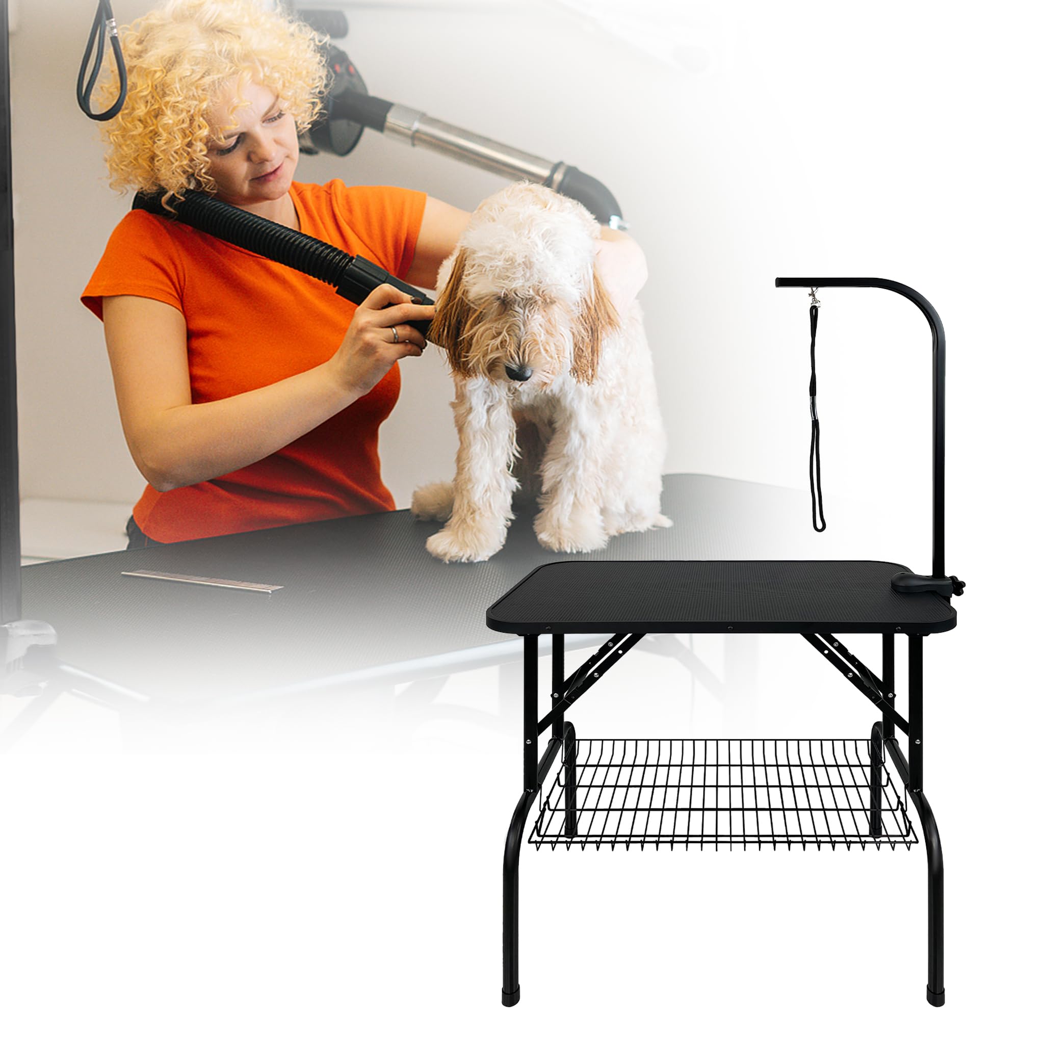 Mesa plegable para peluquería para perros, altura ajustable, con brazo de seguridad y bandeja de almacenamiento, mesa de tijera, para salón de cuidado de mascotas y uso doméstico, negro, 80,5