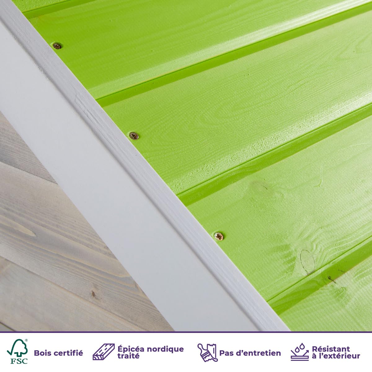 Kangui – Casa de jardín infantil exterior – Cabaña de madera con plataforma, tobogán y doble columpio – Techo impermeable – Verde y blanco