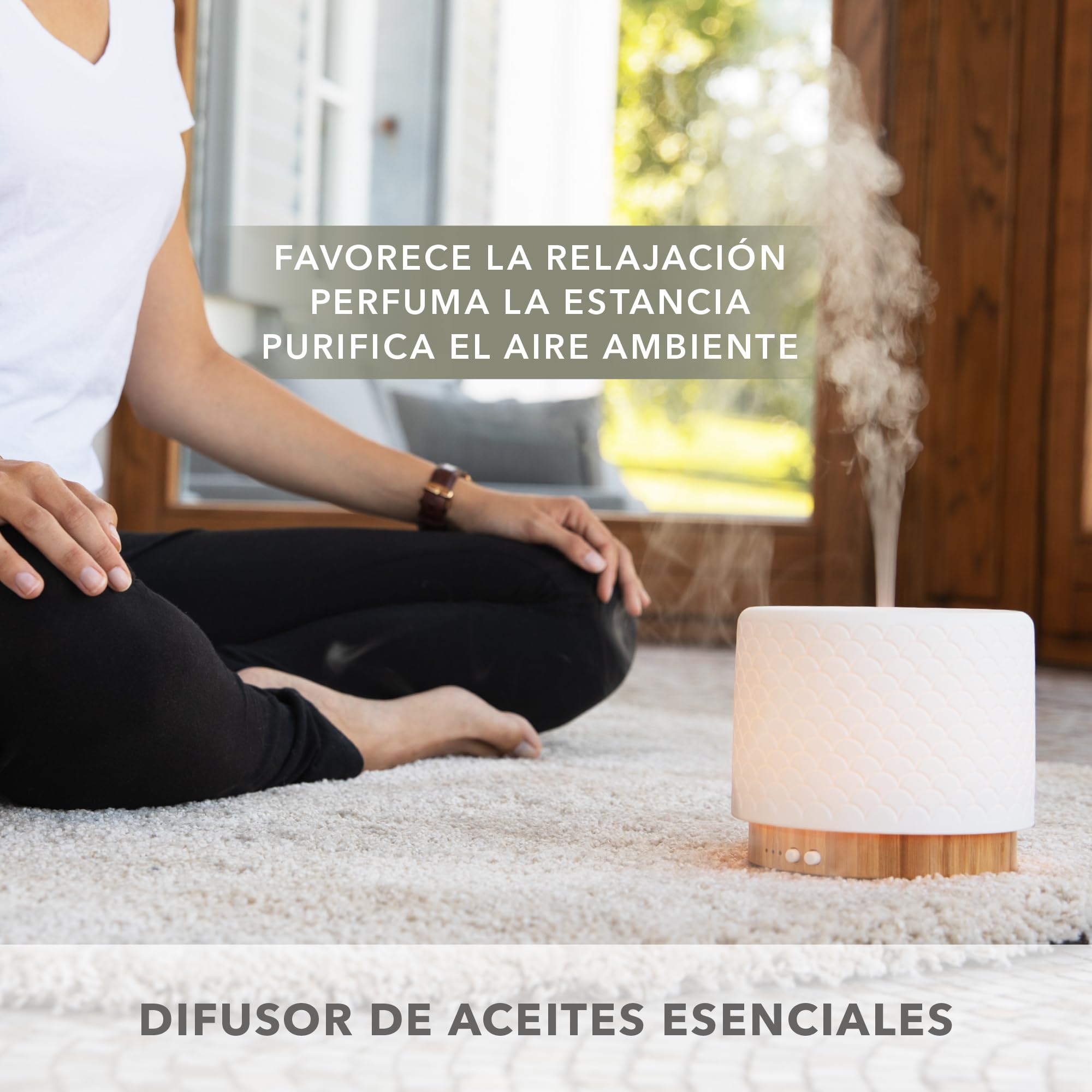 Moya - Difusor Aceites Esenciales Ultrasónico 280 Ml - 14h Autonomía - Luz LED – Temporizador - Silencioso con Apagado Automático - Aromaterapia - Modo Respiración Antiestrés - Bambú Y Cerámica