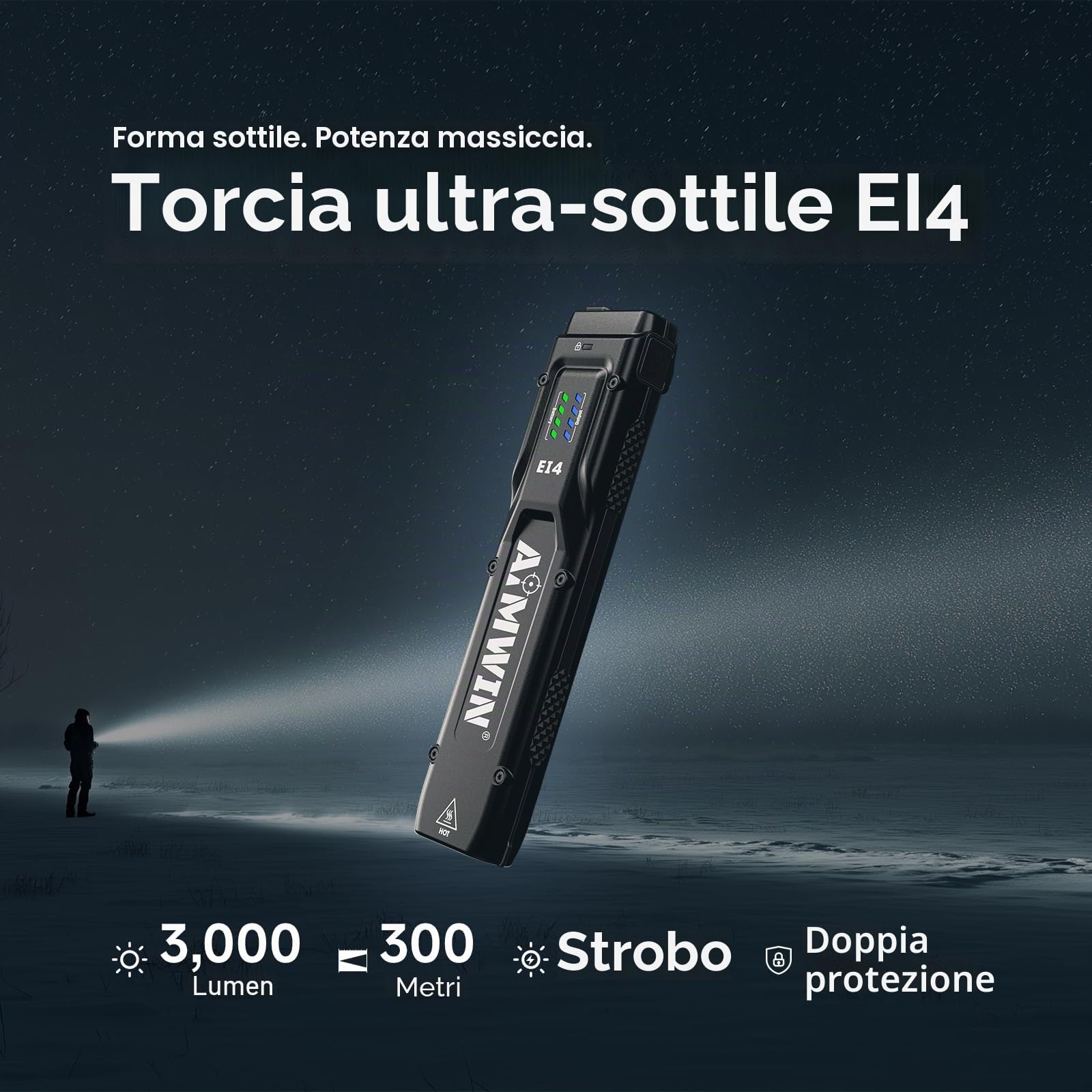 AIMWIN EI4 Torcia EDC LED Potente 3000 Lumen Torcia Ricaricabile USB C Portata 300m Torcia Tattica Piatta per Outdoor Campeggio Sicurezza Doppio Interruttore Posteriore Turbo Stroboscopio