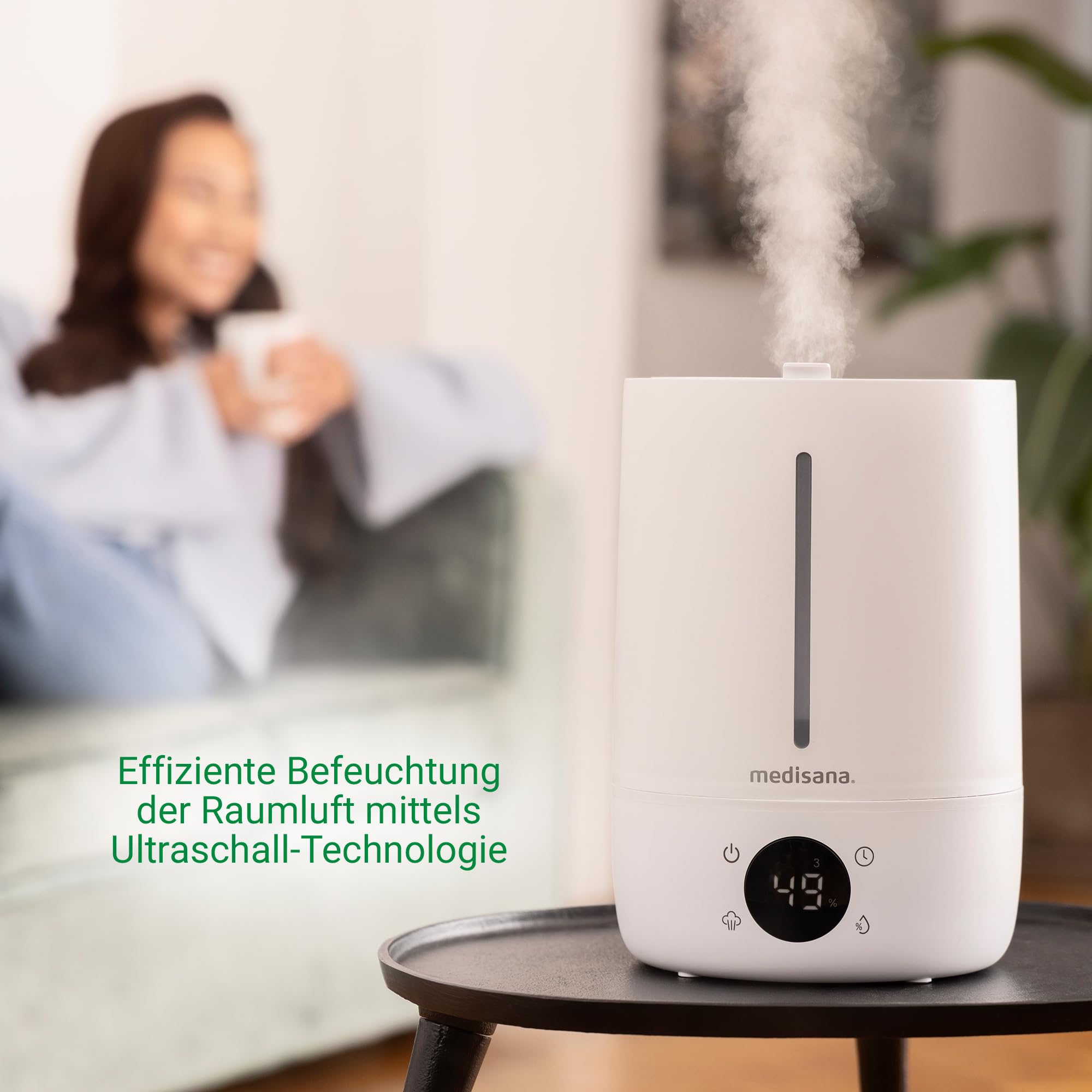 medisana AH 663 Luftbefeuchter mit Hygrometer und Ultraschall-Technologie, Lufterfrischer für die Wohnung, Raumbefeuchter elektrisch mit Timer und Schlafmodus, Diffusor für Schlafzimmer Kinderzimmer