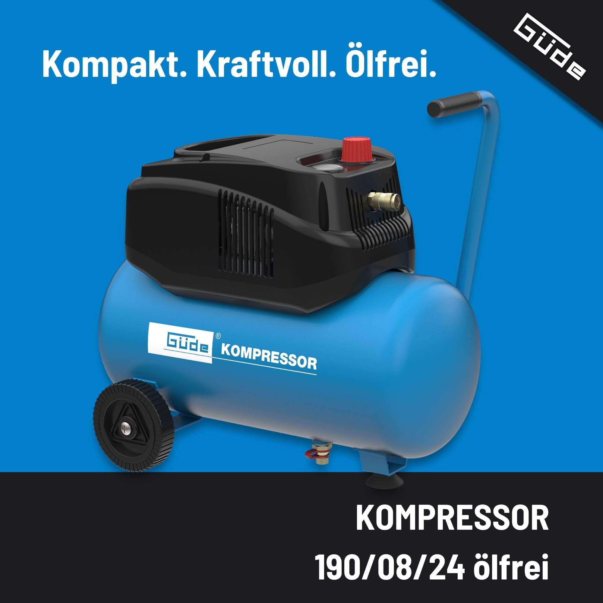 Güde Compresseur 190/08/24 sans huile (pression max. 8 bar, chaudière 24 l, 1200 W, puissance d'aspiration 190 l/min, réducteur de pression, manomètre, vis de vidange de condensat, raccord d'air