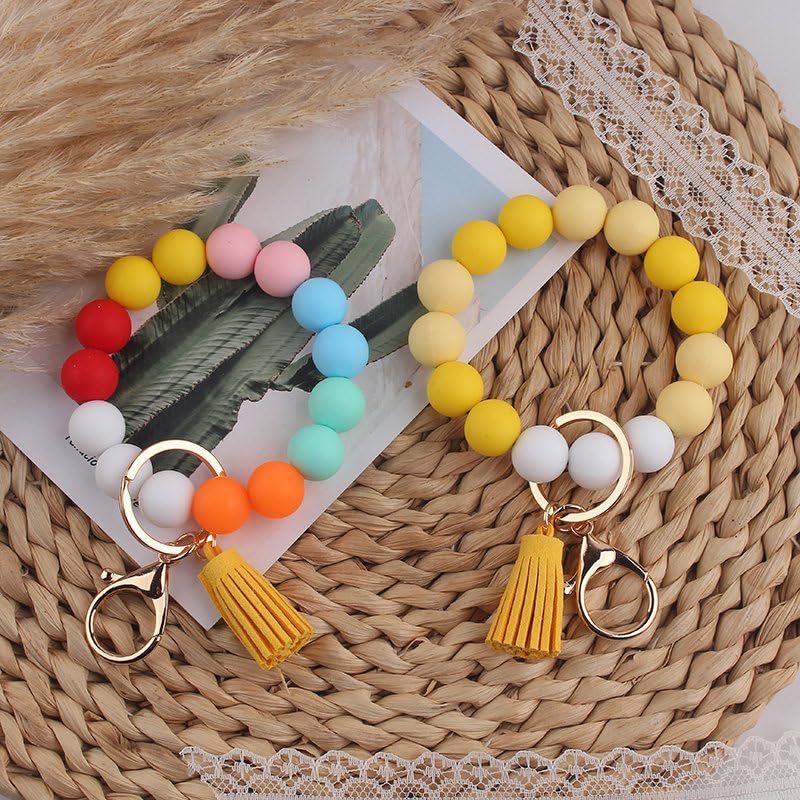 Image of Silicone Beaded Bracelet Keychain Wristlet Cute Car Key Chain Holder Wallet Bag Charm Accessory