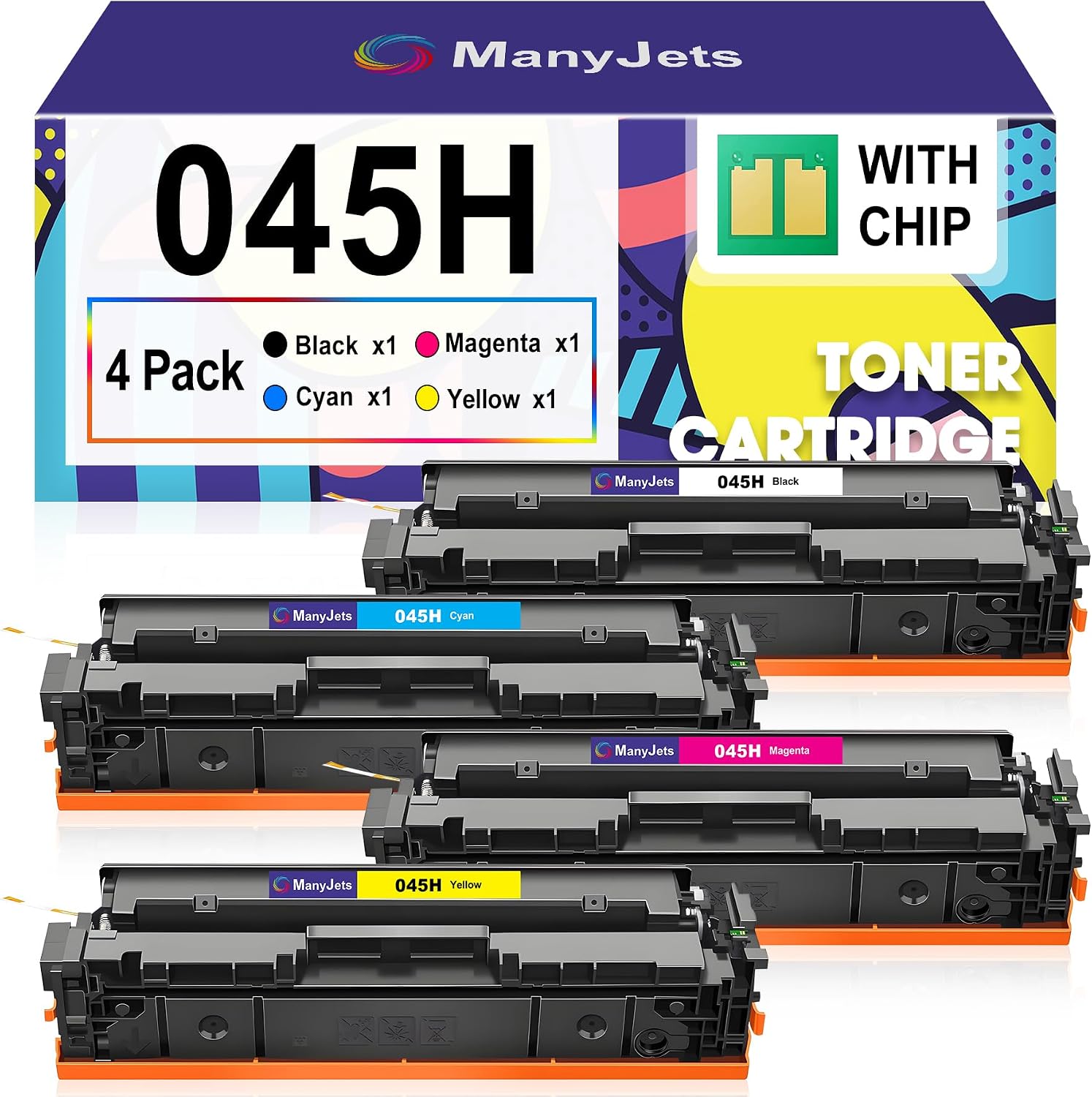 CRG-045H 045H Toner Cartridge 4-Pack with Chip, Replacement for Canon 045H 045 Color Toner Compatible for Canon Color imageCLASS MF634Cdw MF632Cdw LBP612Cdw MF632C MF634 Printers(BK/C/M/Y)