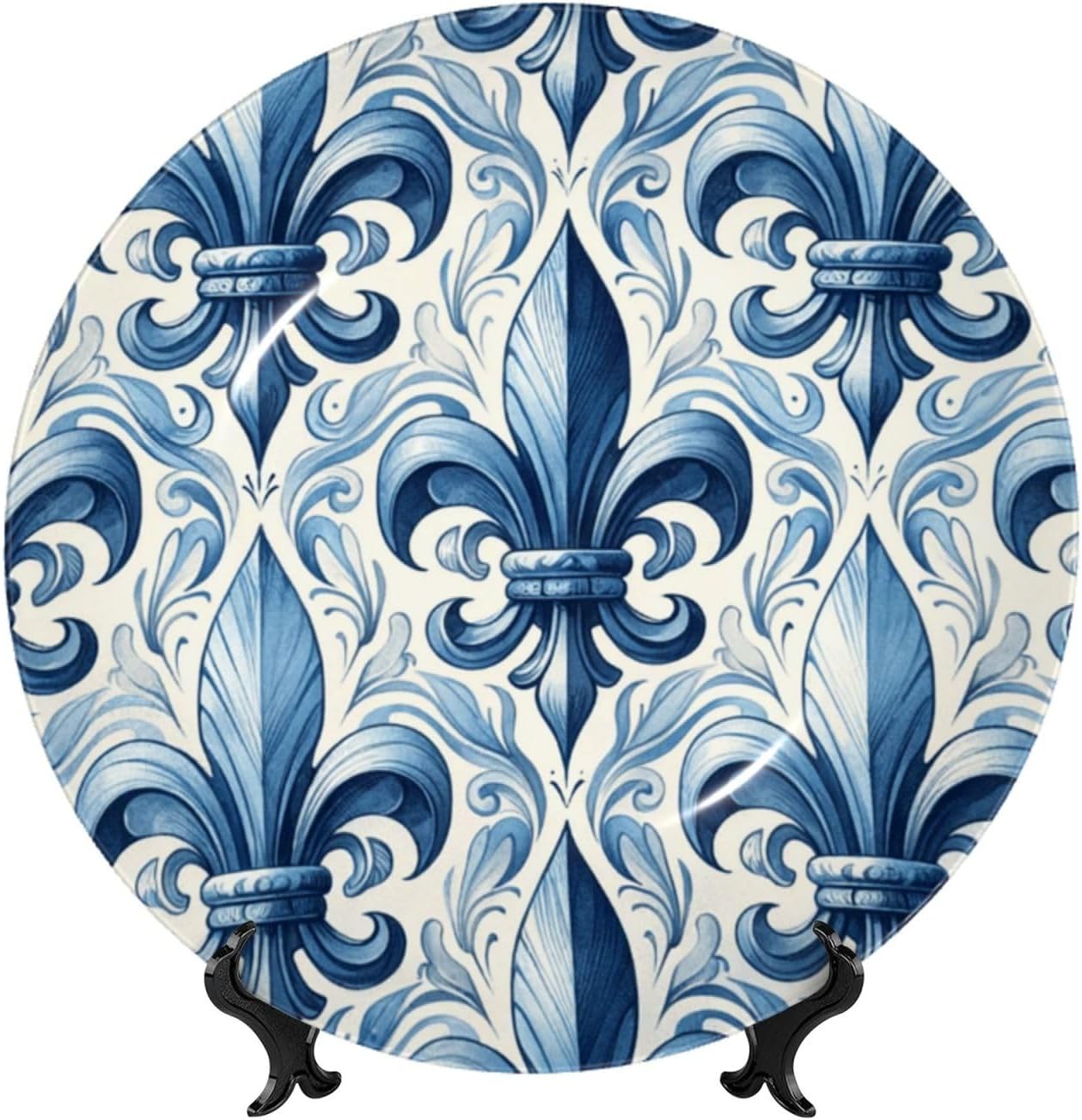 Fleur-De-Lis-Watercolor 10 Inch Decorative Plate With Stand, Elegant Display Wall Plate For Home Decor