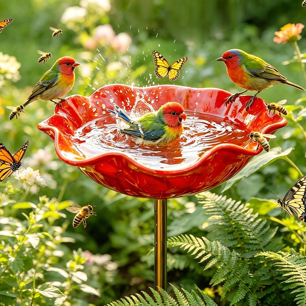 Abreuvoir Oiseaux, 2026 Nouveau Bain Oiseaux Décoratif Métal Motif Fleurs, Handmade Metal Flower Garden Stake, Bain d’Oiseau Oiseauxs Résistante Intempéries Fleurs Abreuvoir À Abeilles (Rouge)