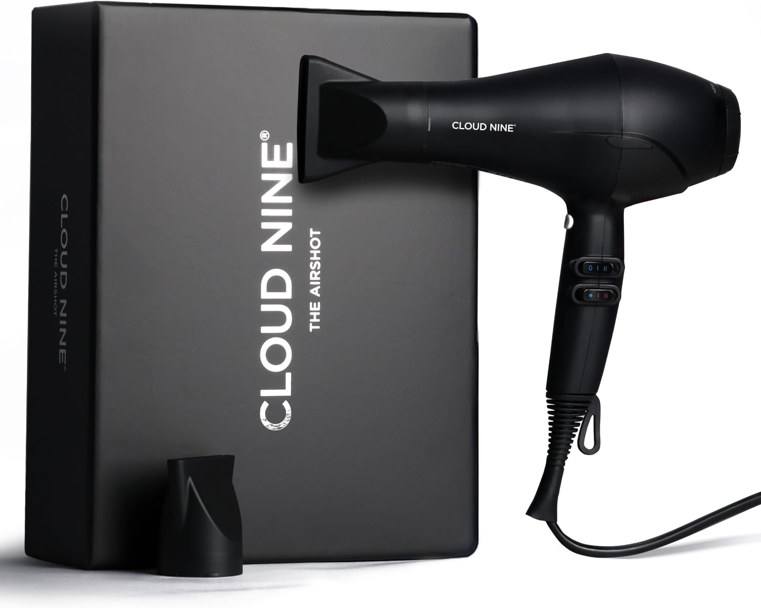 The Airshot Hair Dryer | Fast Compact 2000w All Hair Types | Variable Temperature Control Low Mid High | Two Nozzles Included | Anti Static Technology Super Compact Powerful (Black)