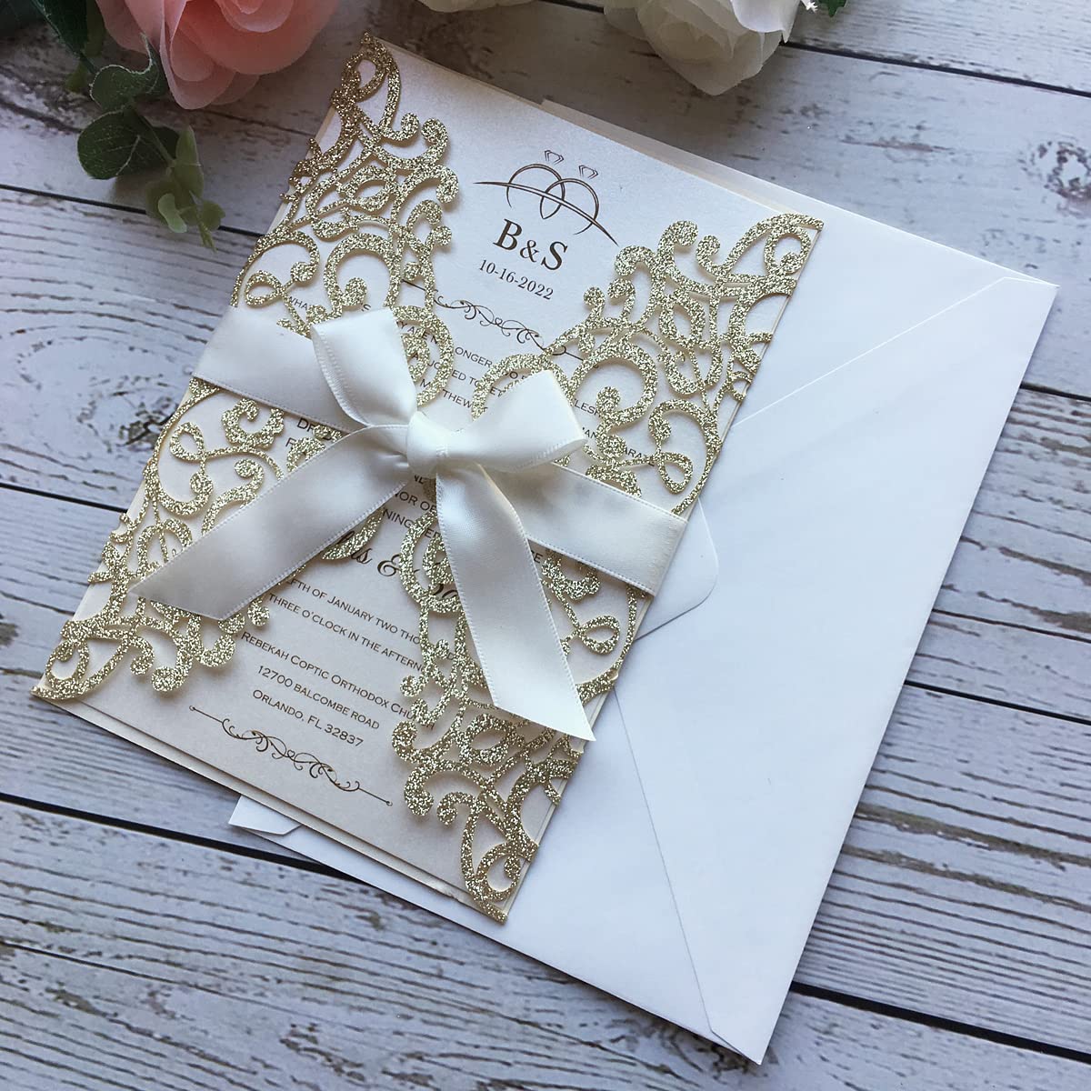 Lot de 50 cartes d'invitation de mariage vierges à paillettes - 12,7 x 18,5 cm - Champagne - Découpe laser - Avec enveloppes - Pour mariage, anniversaire