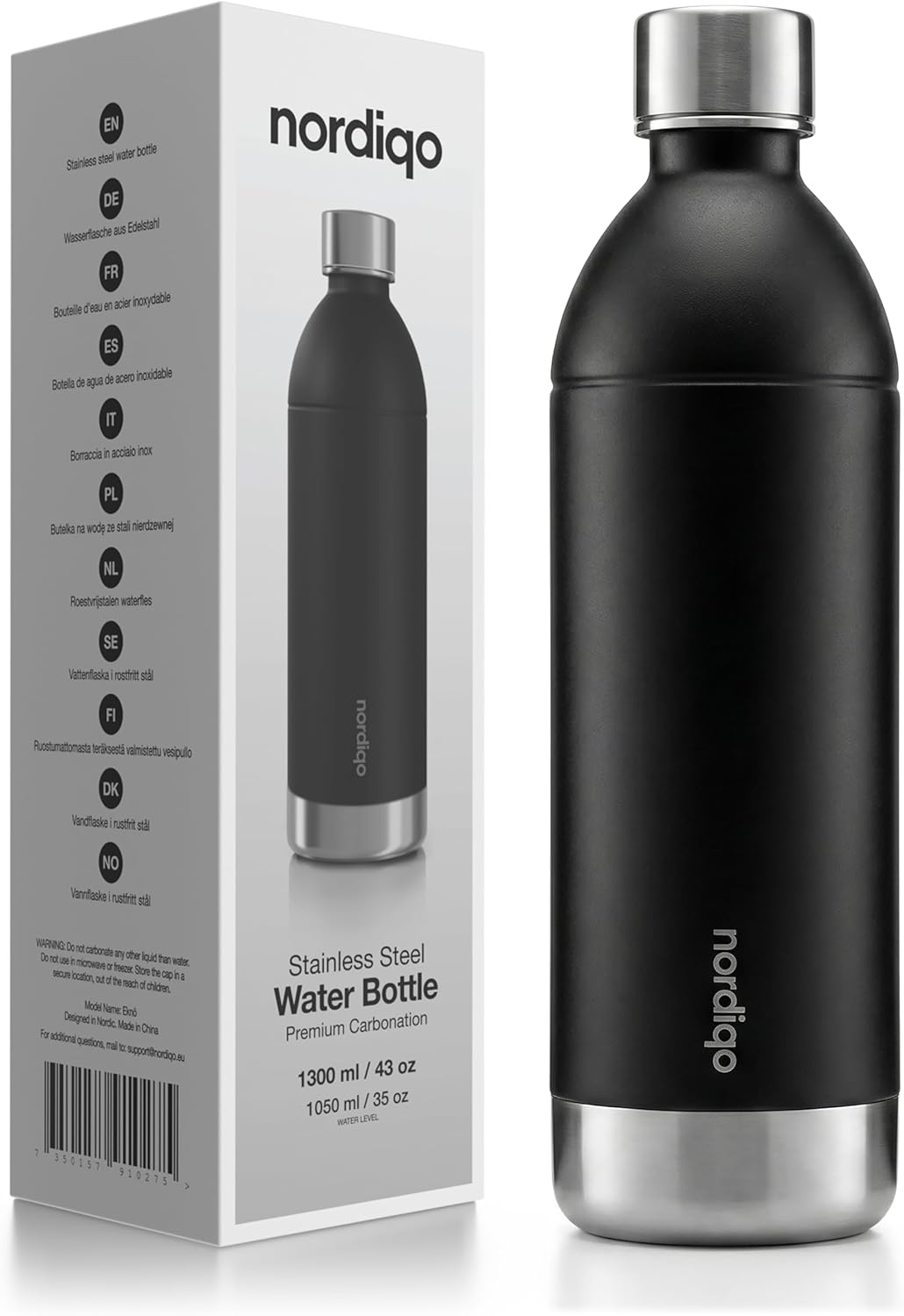 Nordiqo Premium 43 oz Stainless Steel Bottle - Compatible with Aarke Carbonator 3 | Dishwasher Safe | No Expiration Date | Leak Proof | BPA-Free | Extra thick single steel