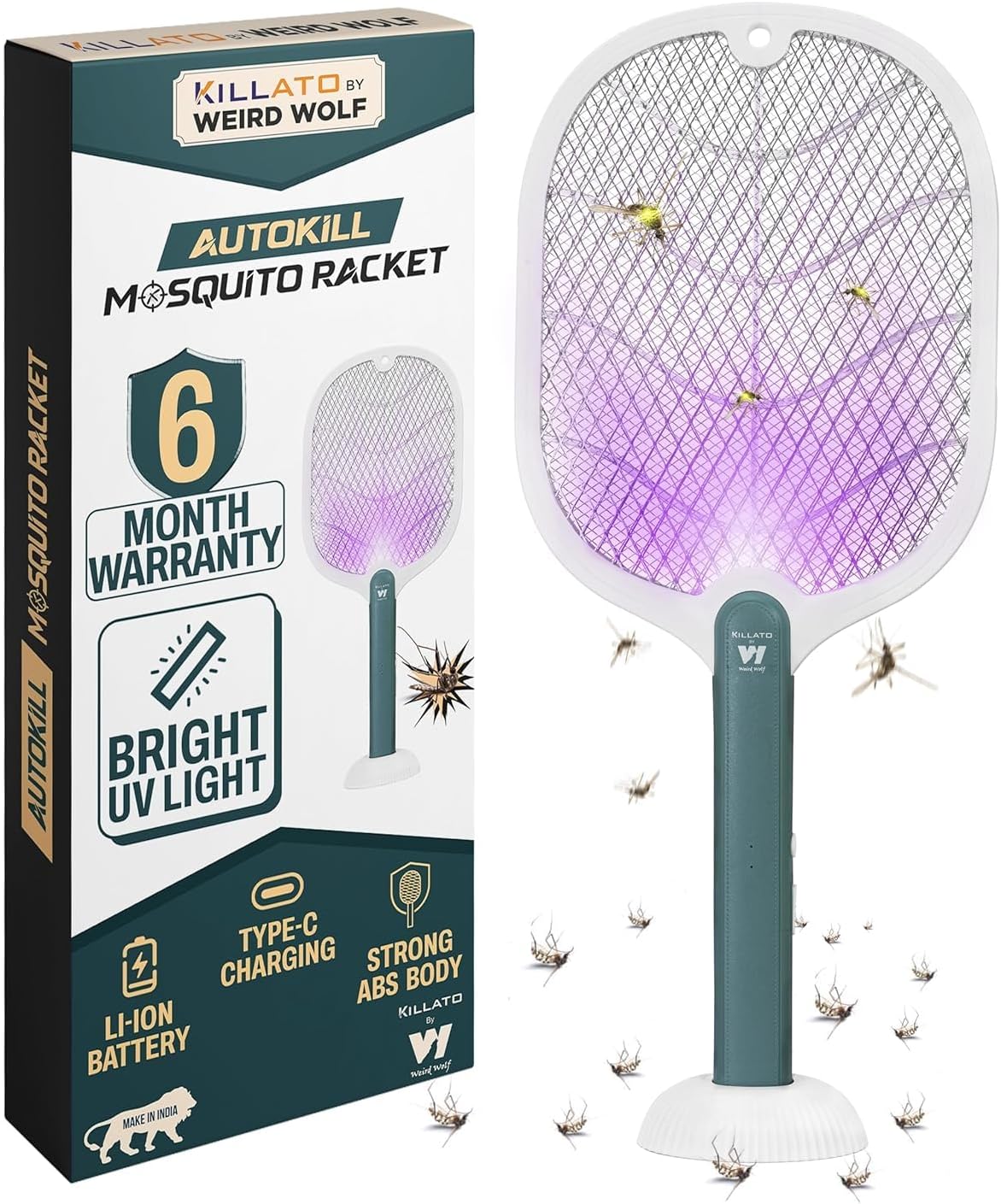 Weird Wolf 2 in 1 Mosquito Killer Racket with UV Light | Manual & Auto Kill Modes | Rechargeable Lithium Battery | Type-C USB Charging | Electric Mosquito Bat with Base Stand | 6 Months Warranty