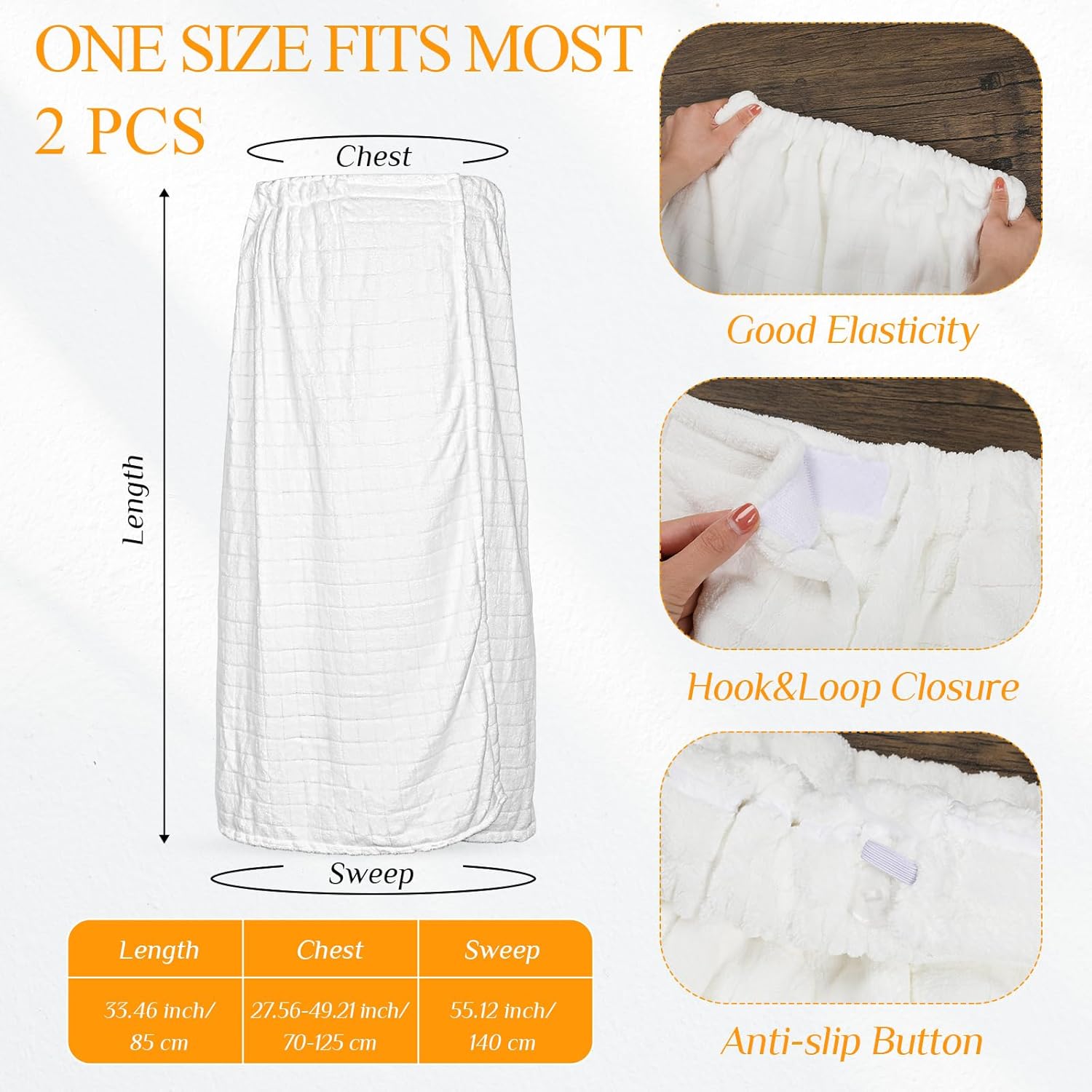 Tigeen 2 Pcs Towel Wrap for Women Lightweight Spa Robe with Adjustable Closure Elastic Top Soft Bathrobe Spa Wrap (White,Square) - Image 2