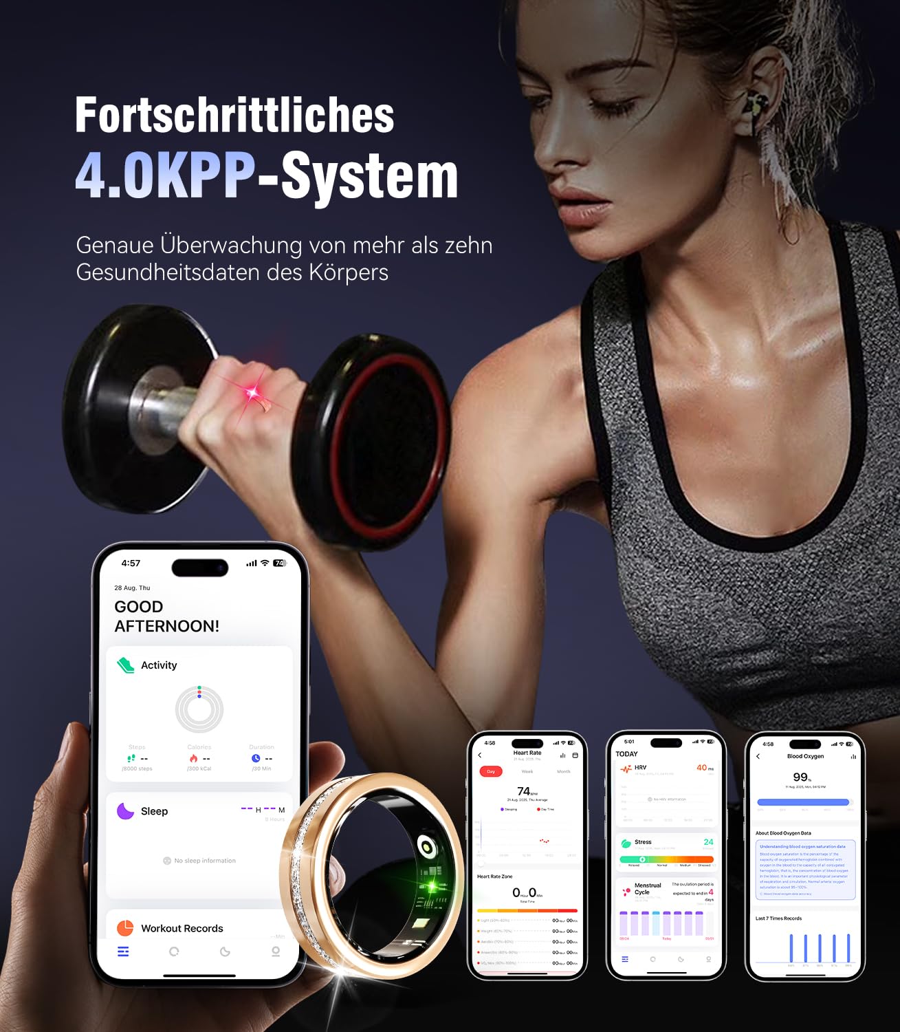 10. Gen Diamant Smart Ring 【IP68 Wasserdicht-0 Messfehler】 und Kabelloses Ladeetui, Fitness Tracking Ring with Heart Rate, Sleep Monitor，Smartring Kompatibel mit Android und iOS,Gold 8