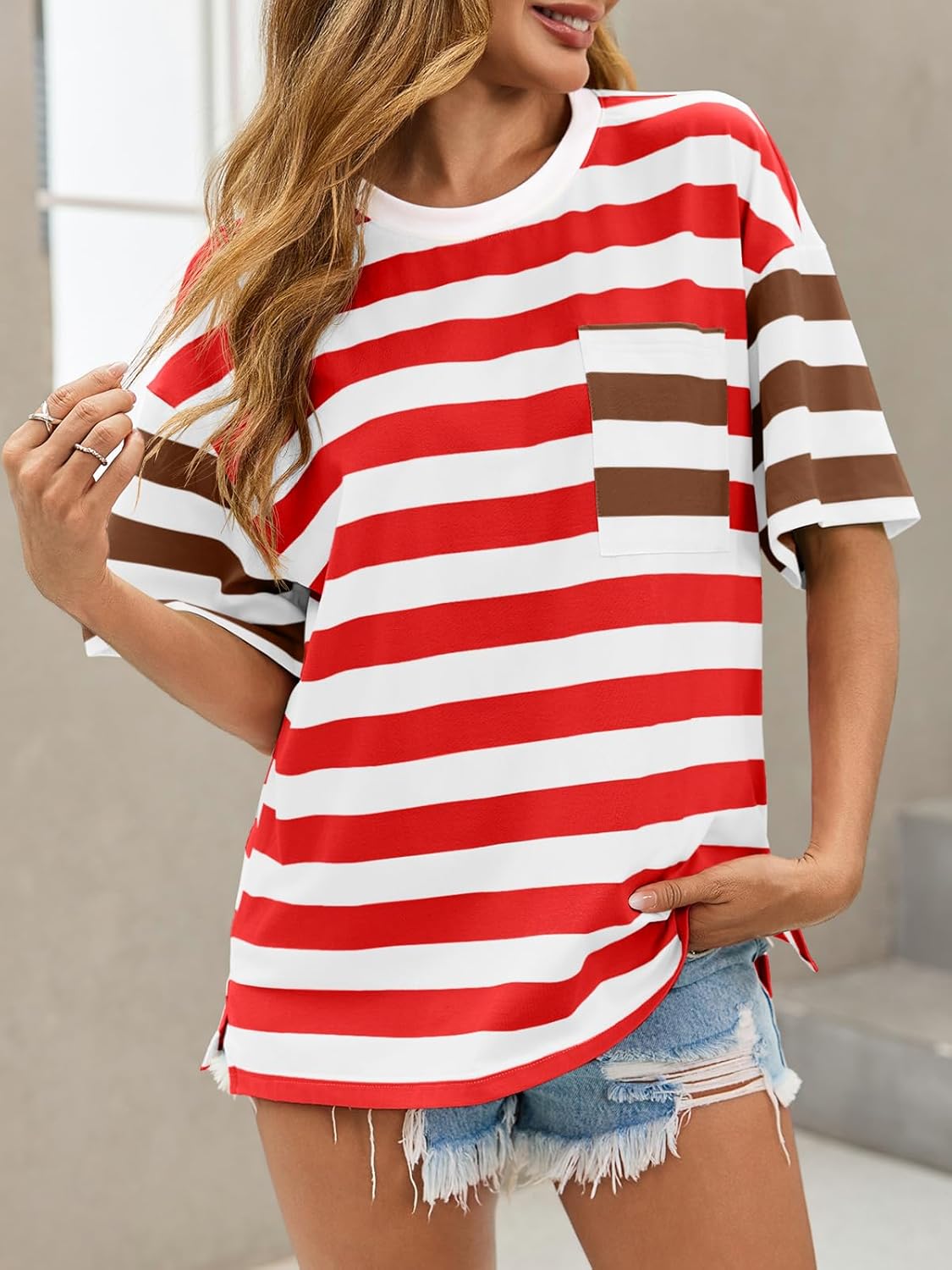 Womens Oversized Color Block Striped Tshirts Summer Casual Short Sleeve Tops Loose Fit Crew Neck Shirts - Image 3