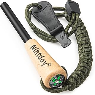 Ferro Rod Fire Starter Kit – Carbon Steel Striker & Compass-Integrated Hardwood Handle | Flint and Steel Survival Tool for Camping, Hiking, Bushcraft & Emergency