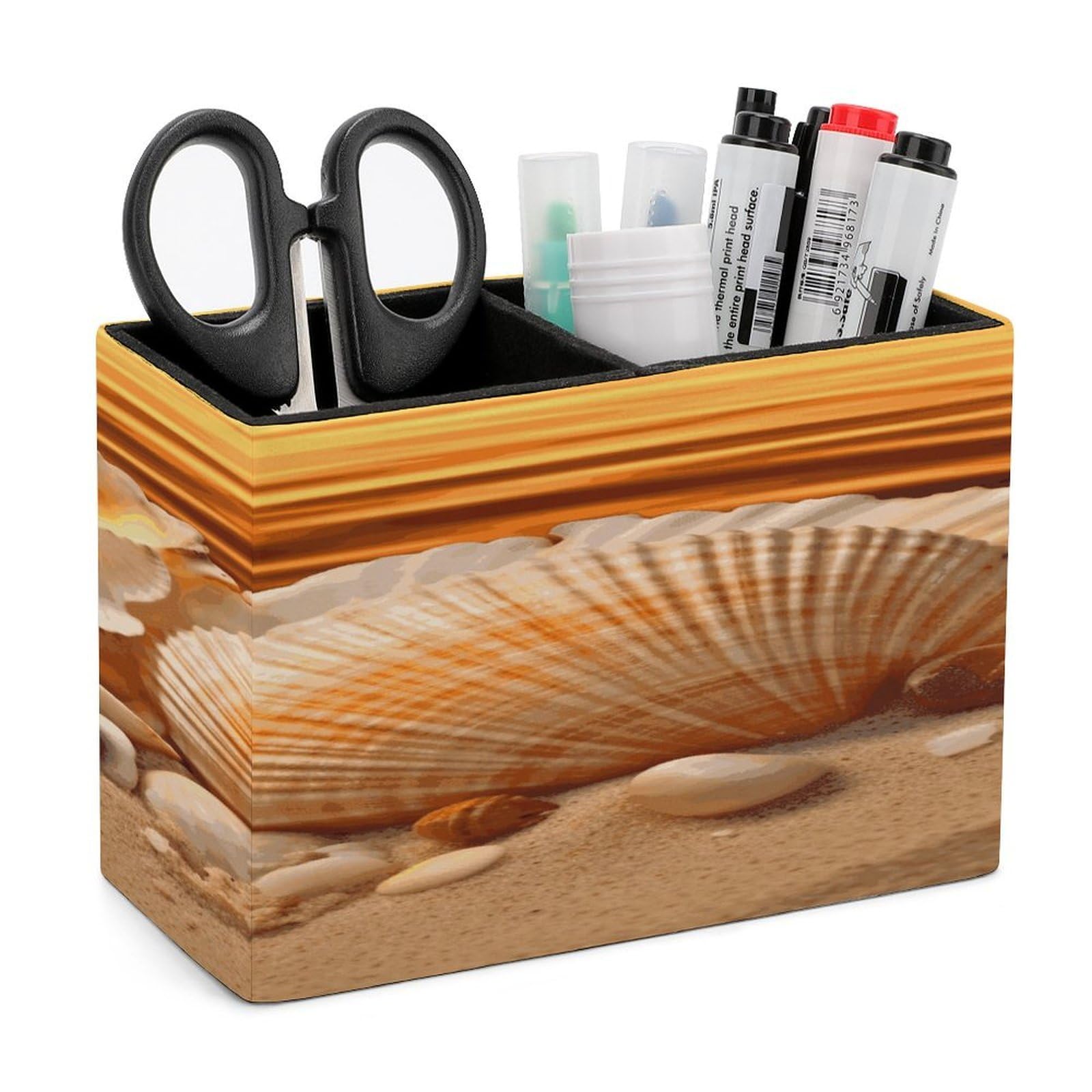 VstaDank Shells And Sand Pen Holder Double Compartments Pen Cup Fashion Makeup Brush Holders Leather Pencil Holder for Work Locker Accessories Modern Pencil Cup for Desk Organizer