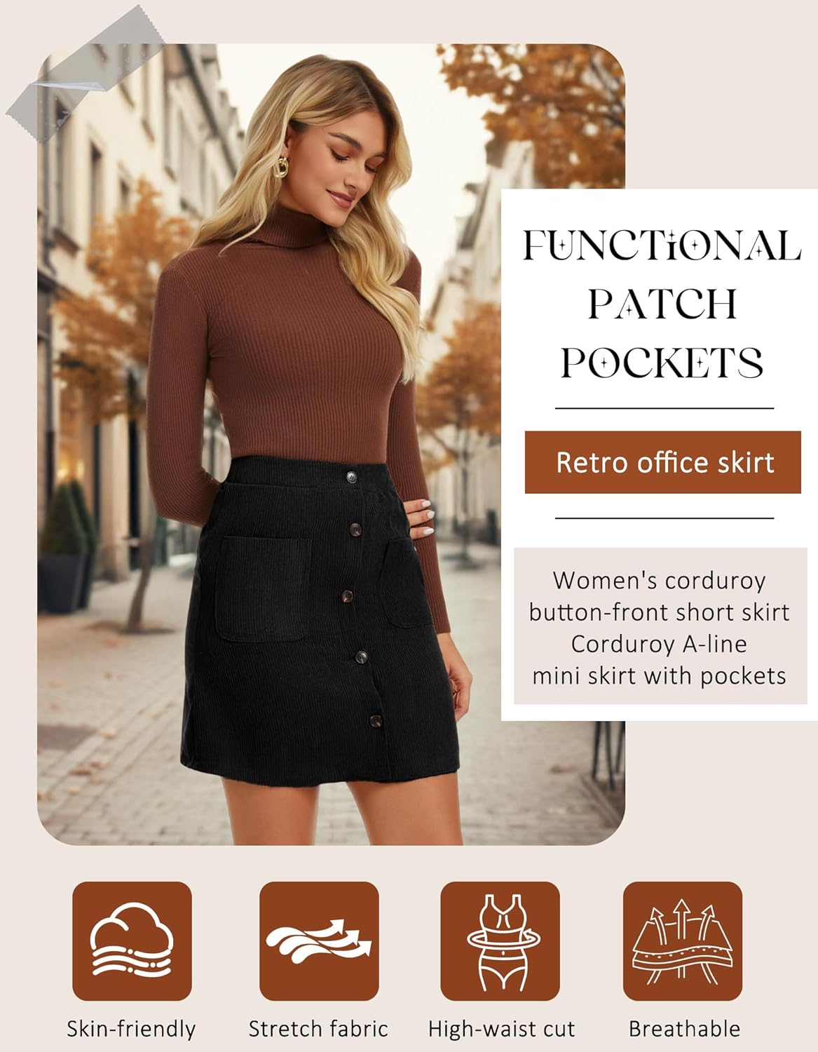 Womens Corduroy Skirts High Waisted Button Down A-line Short Skirt Fall Winter Casual Basic Mini Skirt with Pockets - Image 4