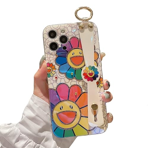 Lastma for iPhone 16 Pro Case with Stand Handle Wrist Strap Kickstand Glitter Bling Cute Cartoon IMD Soft TPU Shockproof Protective Phone Case for Girls and Women - Sunflower - Sunflower - iPhone 16 Pro