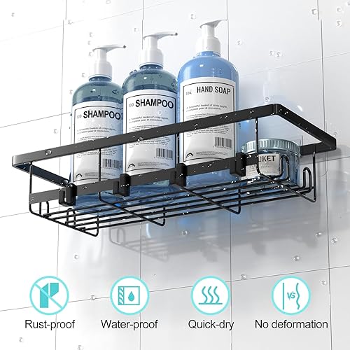 Miniatura 4 de Mycuppca Organizador de ducha, paquete de 2 organizadores adhesivos de ducha de baño, estantes de ducha negros con ganchos, estante de ducha de