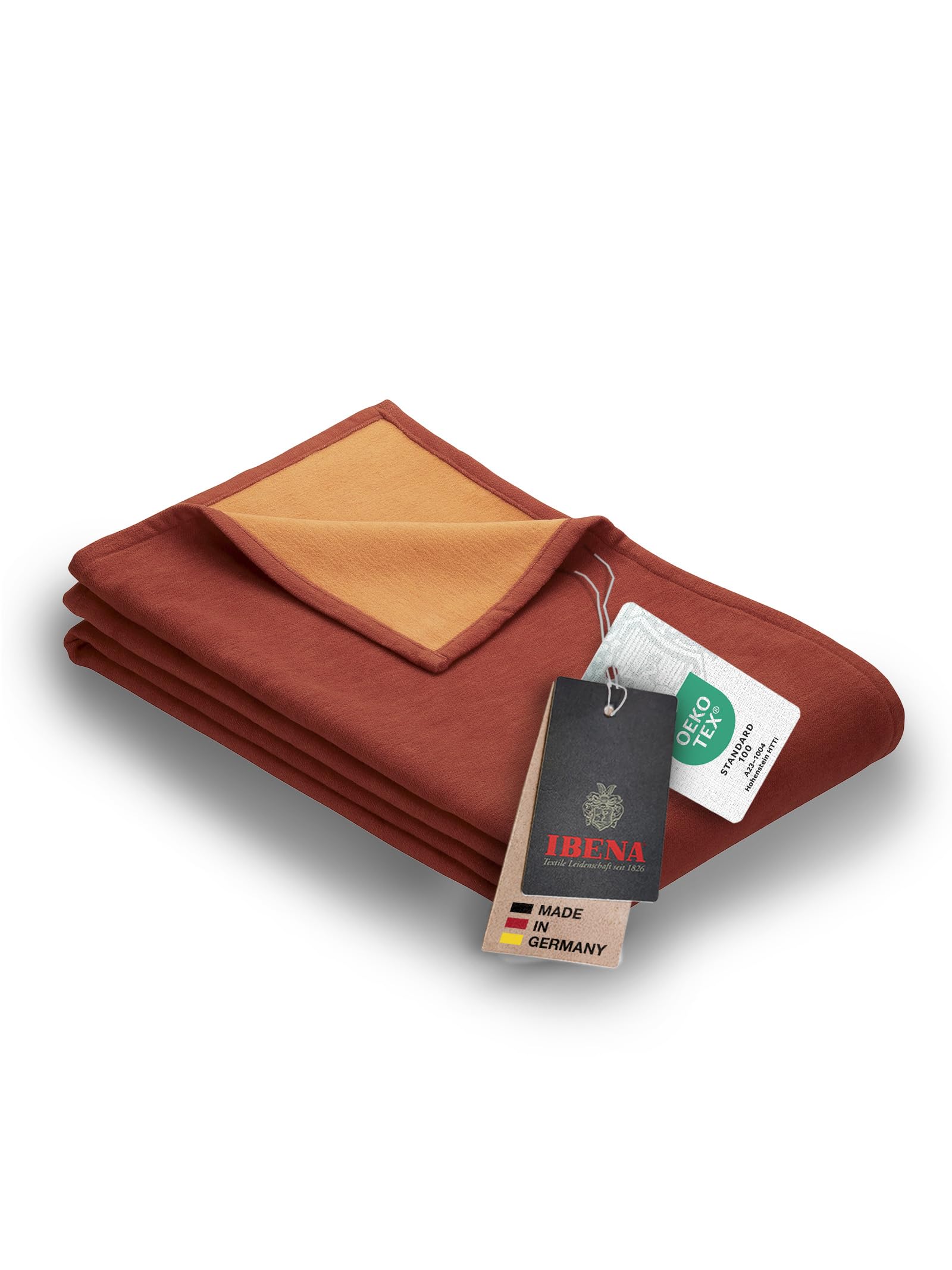 Ibena Stockholm Manta de lana bio 140x200 cm - 100% algodón, fabricada en Alemania, manta de algodón naranja Terra bicolor
