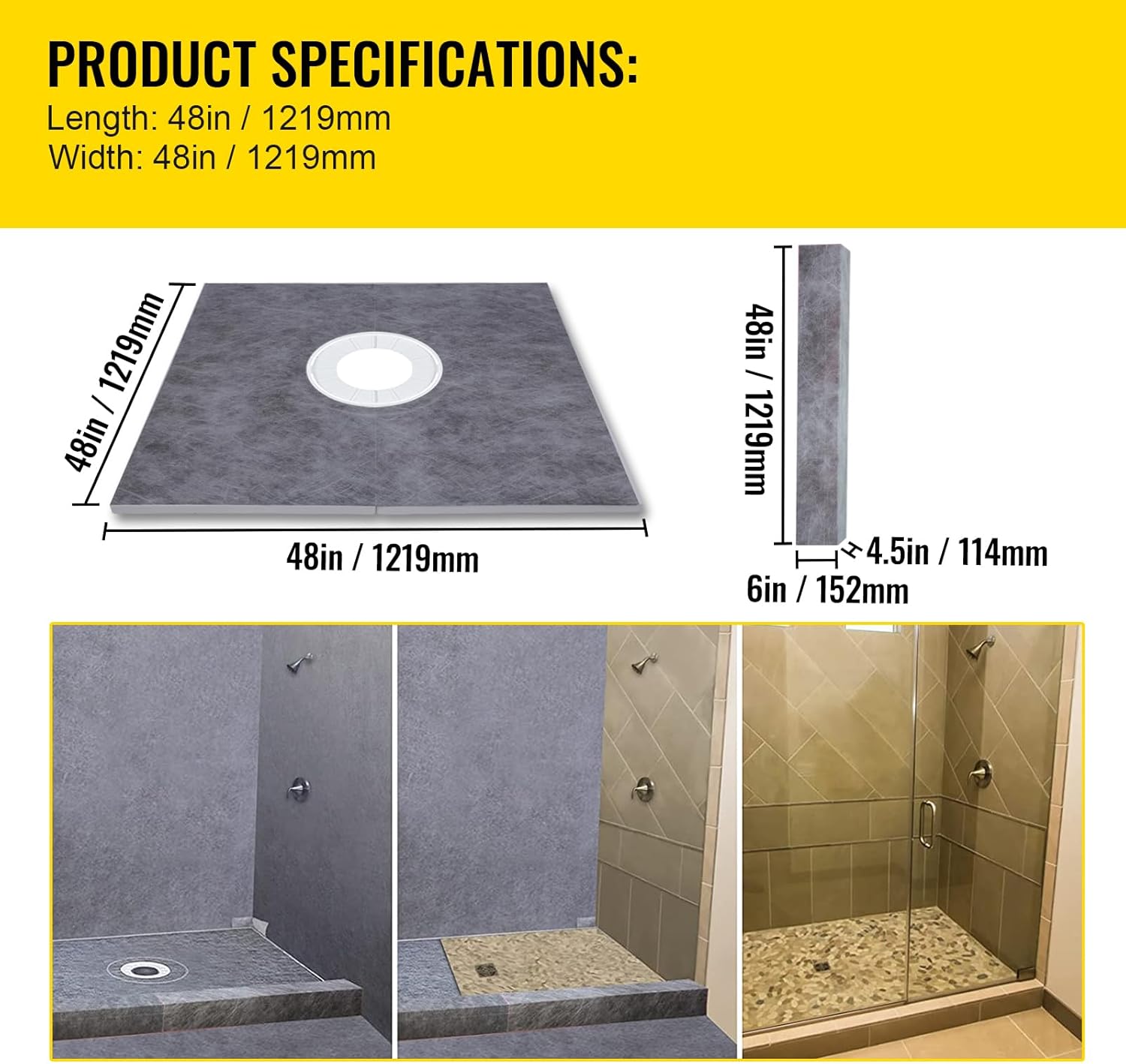 Happybuy 48"x48" Shower Curb Kit, Watertight ABS Bonding Flange, 4" Stainless Steel Grate, Cuttable Curb, Trowel, Pan Slope Sticks, Bathroom Installation