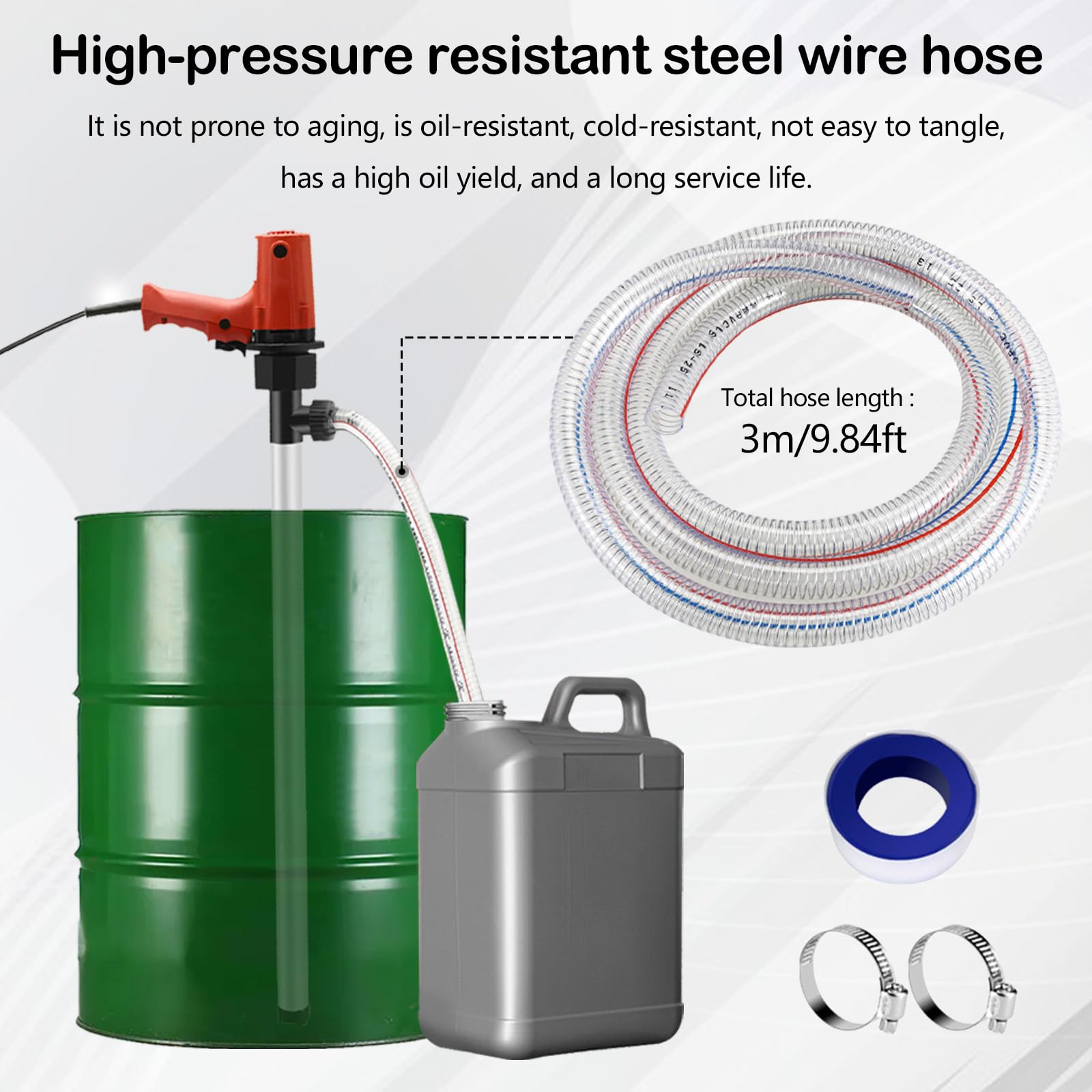 Bomba Eléctrica Para Bidones, 880W Para Gasolina Diésel Y Agua (70-95 L/Min, 5000-10000 Rpm) Equipada Con Tubo De Aluminio 89 Cm Y Manguera De Acero Para Bidones Estándar De 200 L Y 220 L