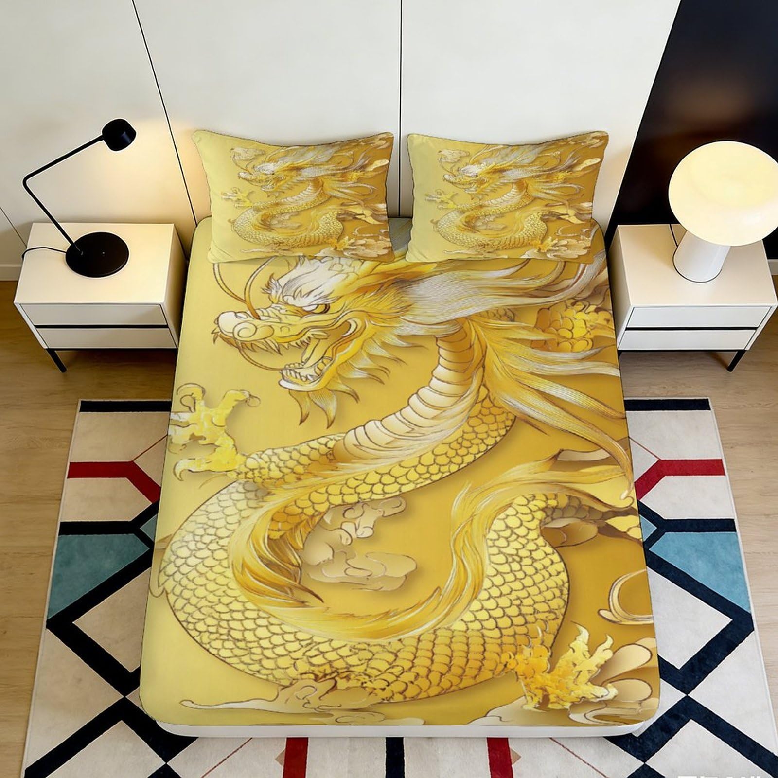 3D Printed Golden Dragon Fitted Sheet Microfiber Soft Breathable Oriental Pattern Bed Cover for Bedroom Dormitory Guest Room Mattress Protection Decor 200x200x25cm