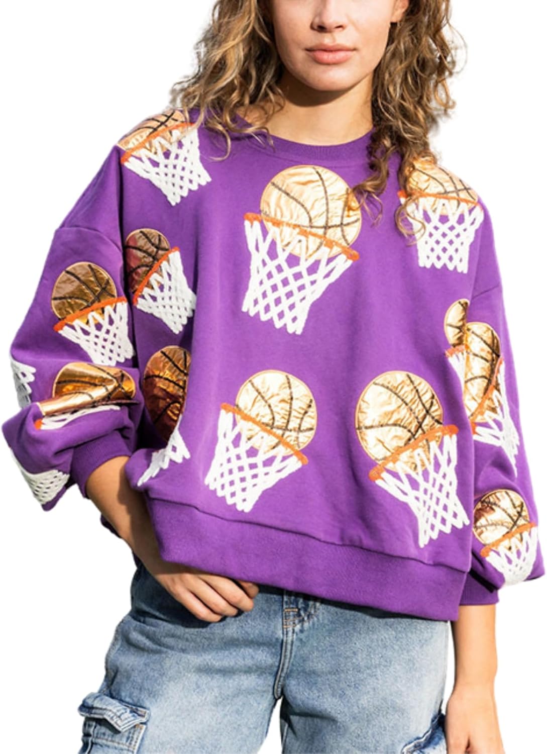 Womens Sparkle Basketball Hoop Sequin Sweatshirt Crewneck Oversized Long Sleeve Pul...