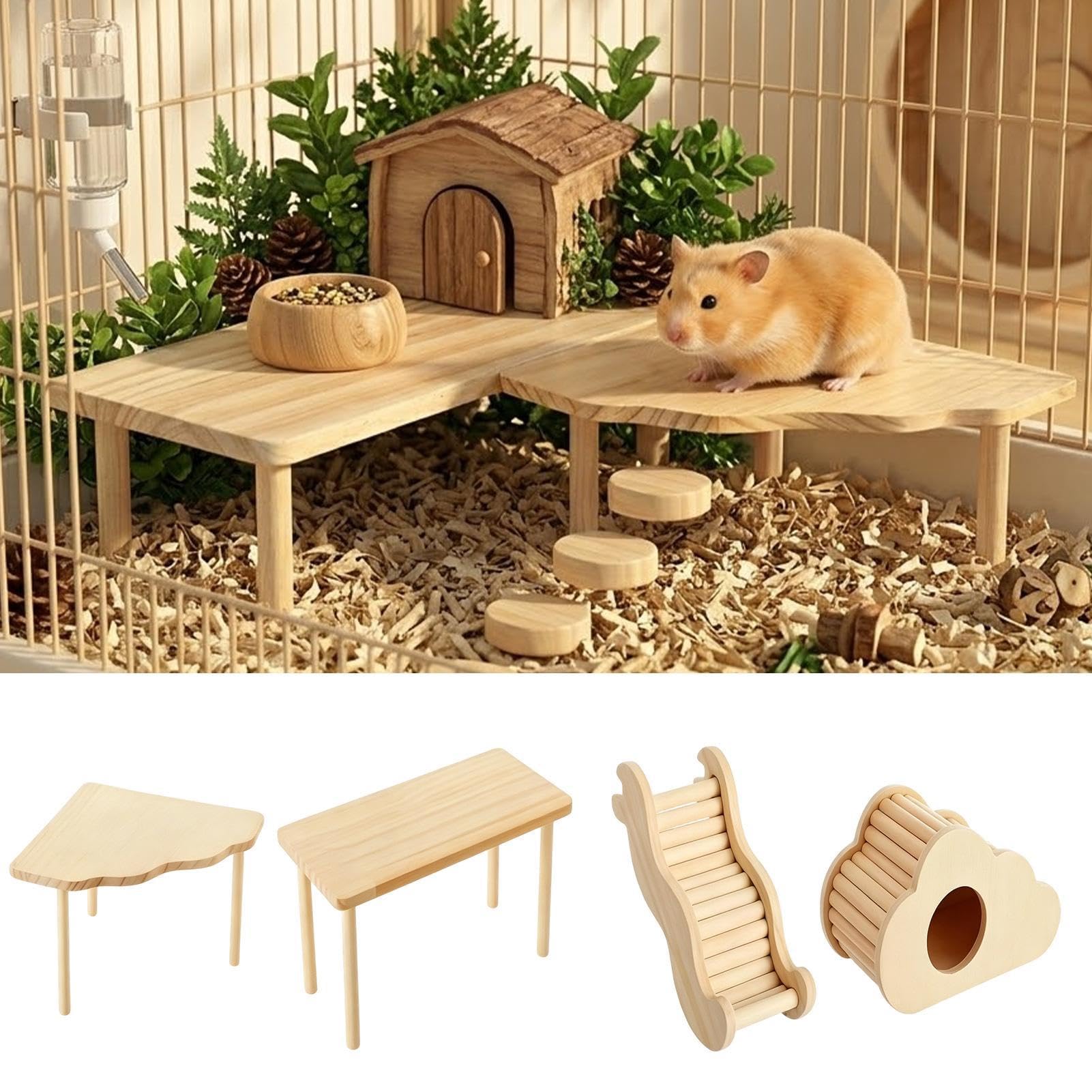 Plattform aus Holz für Hamster – 4 Spielbretter aus Naturholz für Kleintiere | Klettertreppe, Rampe und Ruhenest zur Bereicherung des Käfigs | Zubehör für Hamsterkäfig