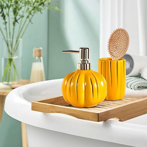 Miniatura 5 de Juego de accesorios de baño de cerámica de 3 piezas, juego de accesorios decorativos para encimera de baño, forma de calabaza, amarillo