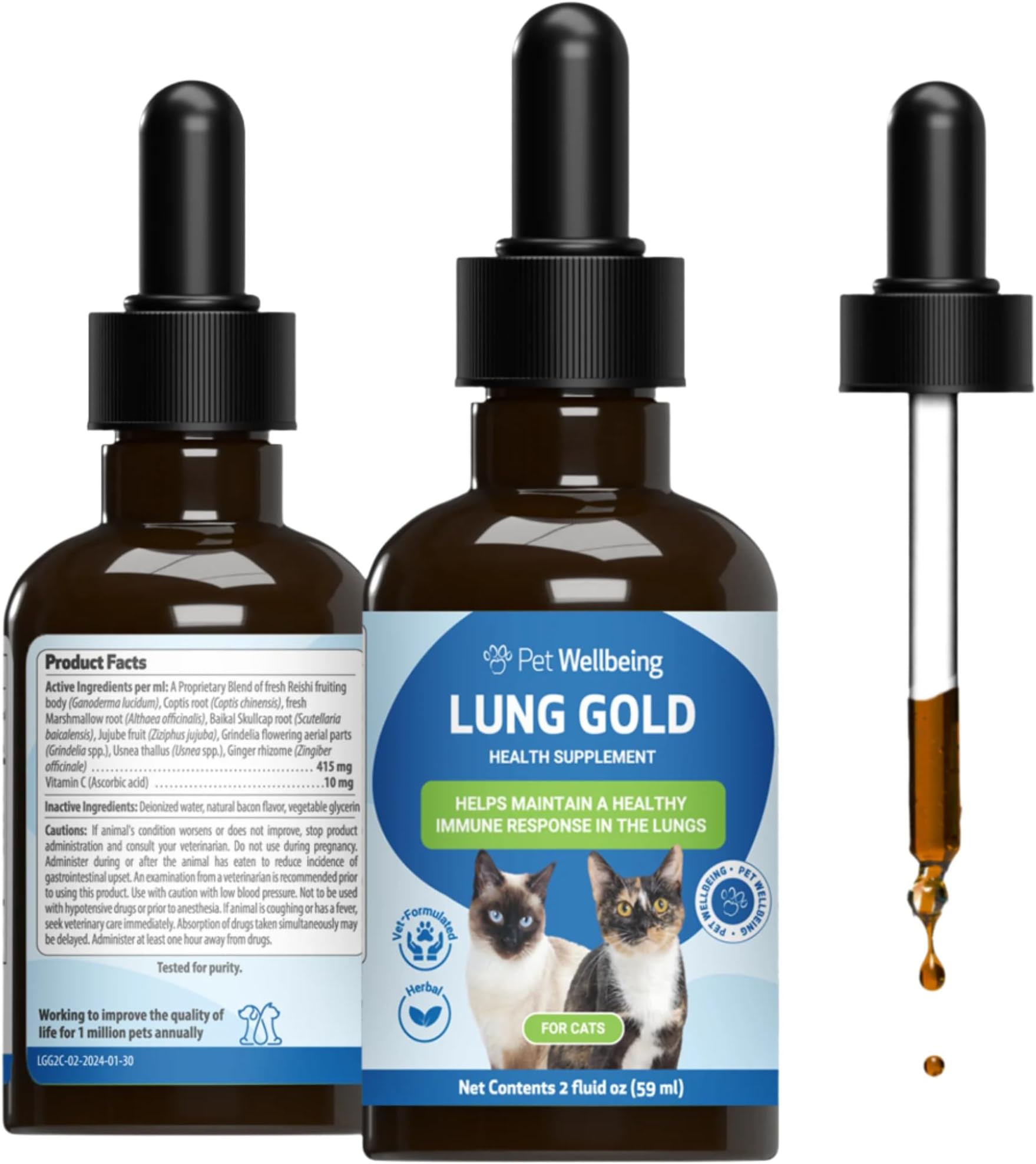 Lung Gold for Cats - Lung Immune Support, Lower Respiratory Health, Open Airways, Normal Breathing, Reishi, Coptis - Veterinarian-Formulated Herbal Supplement - 2 oz (59 ml)