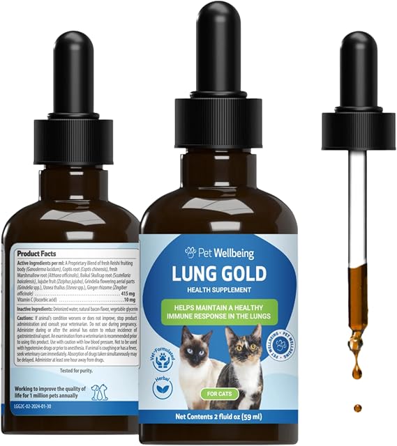 Pet Wellbeing Lung Gold for Cats - Lung Immune Support, Lower Respiratory Health, Open Airways, Normal Breathing, Reishi, Coptis - Veterinarian-Formulated Herbal Supplement - 2 oz (59 ml)
