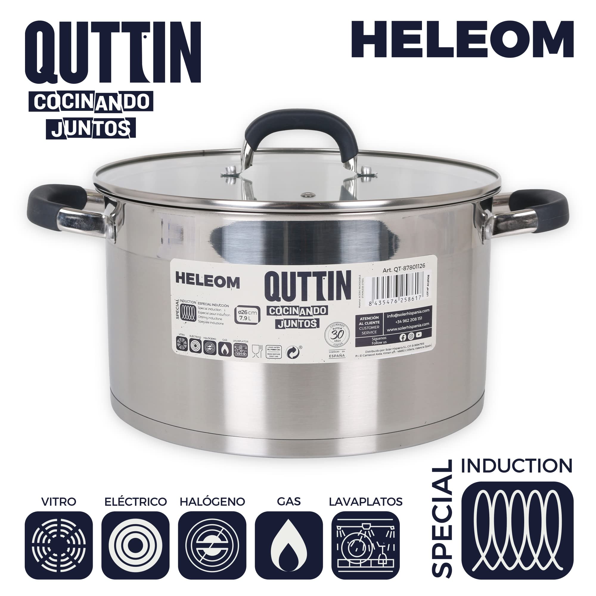 Quttin - Olla Profesional Induccion, Cocina Horno Acero Inoxidable Antiadherente. Olla Mediana Con Tapa. Apta Para Todo Tipo de Cocinas. Inducción, Gas, Vitro. Cacerola 26 cm. Modelo Heleom