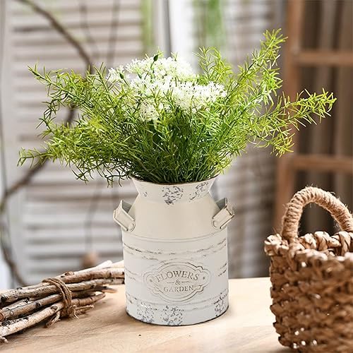 Miniatura 6 de Suwimut Paquete de 2 jarrones de metal rústico, 7.9 pulgadas, estilo Shabby Chic Vintage Farmhouse White Jarrón, Jarrón de leche galvanizado rústico