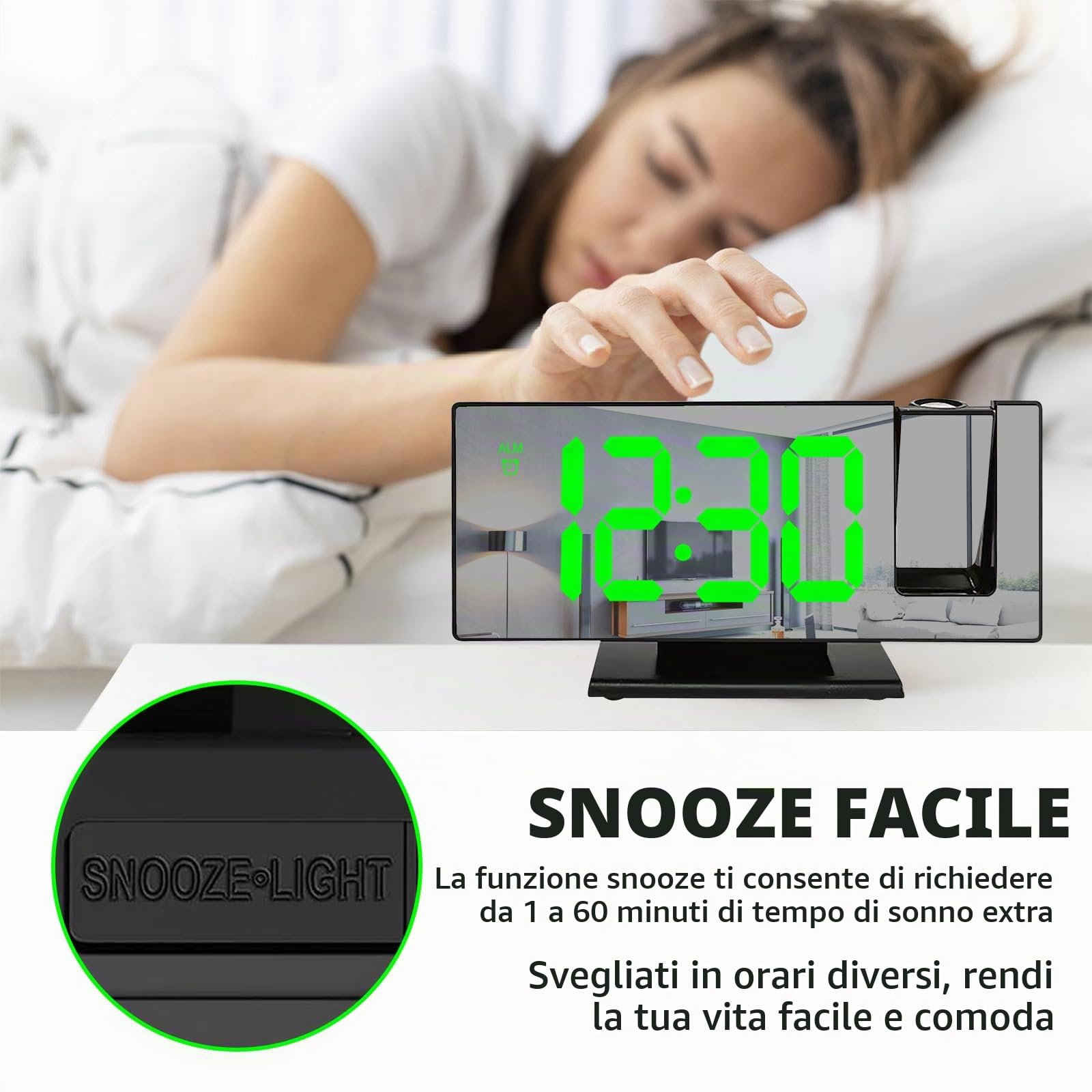 BYZESTY Sveglia Digitale con Proiezione, Sveglia con Proiettore Soffitto, Orologio Digitale Alimentata Tramite USB, con Grande Display, Temperatura, Snooze, Data, 12/24HR, 3 Livelli di Luminosità