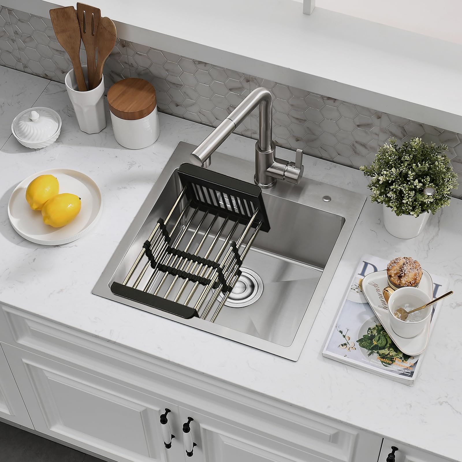 Fregadero Cocina 45x45cm Con Cesta de Filtro Extensible, Cepillado | Compatible Montaje Sobre y Bajo Encimera, Fregadero 1 Seno de Acero Inoxidable, Ideal para Cocinas y Apartamentos