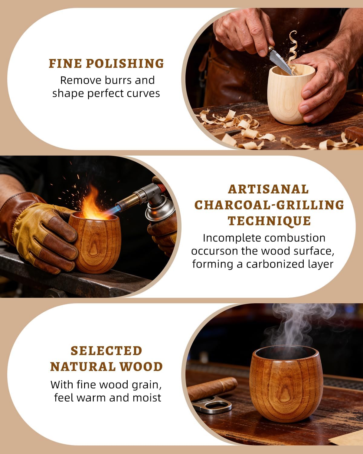 3 Pcs Charred Wooden Bourbon Drinking Glasses Wooden Whiskey Glass Bourbon Gifts for Men Handcrafted Bourbon Glass Anniversary, Birthday, Father's Day