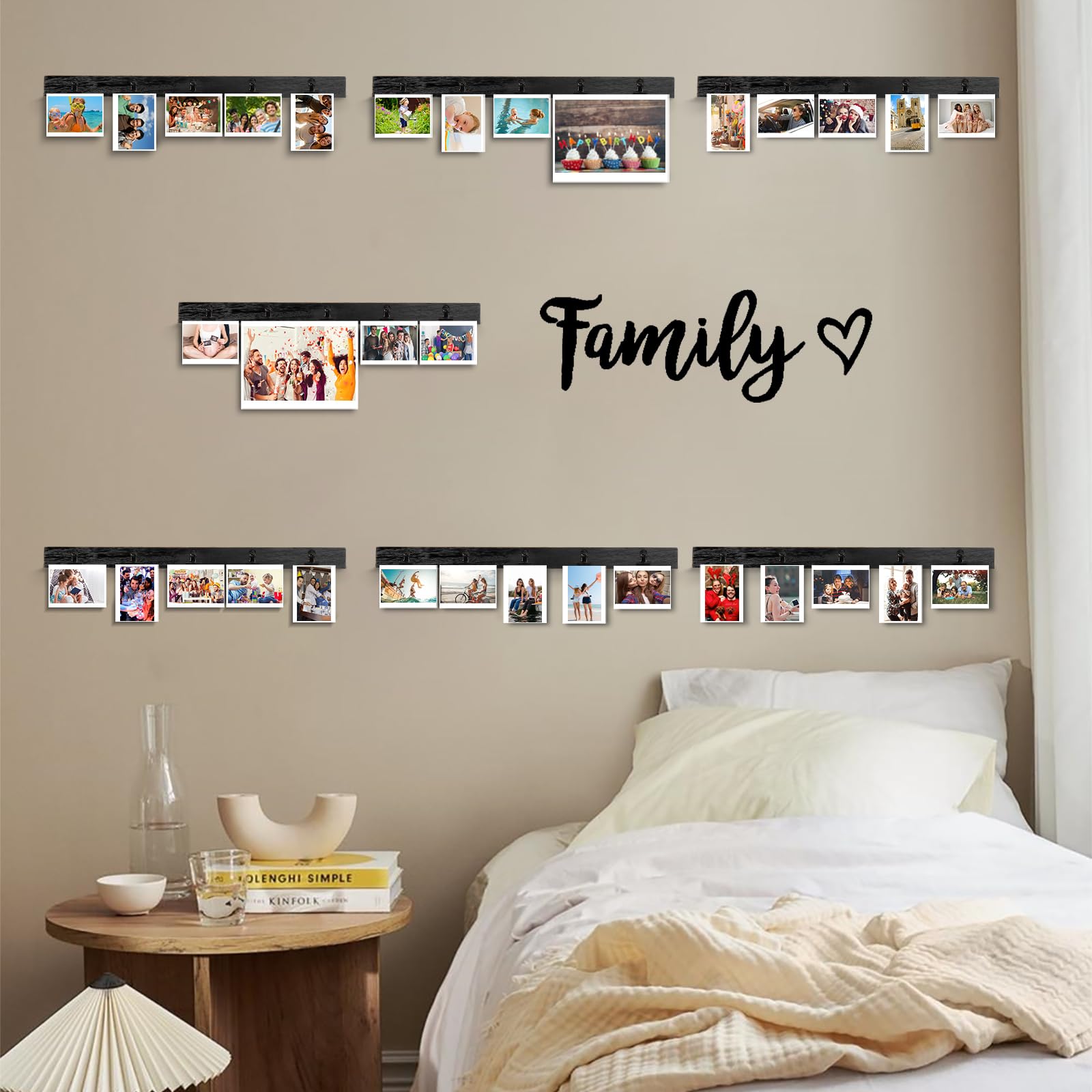 Aiyome 6 Picture Frames Collage Wall Decor With 30 Clips, Wood Photo Frame, No Drilling Required, Adhesive Stickers, Easy to Install, Black.