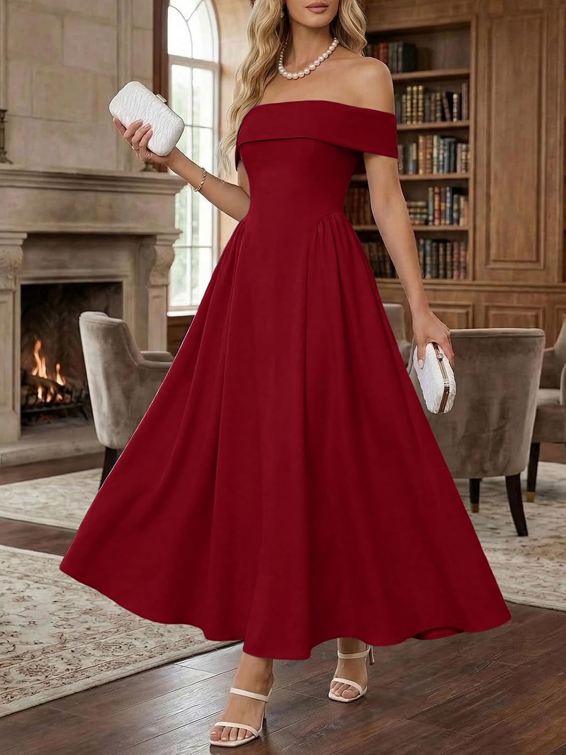 Wenrine Women's Off The Shoulder Maxi Dress Summer Sleeveless Casual Pleated A Line Swing Flowy Formal Party Dresses Burgundy