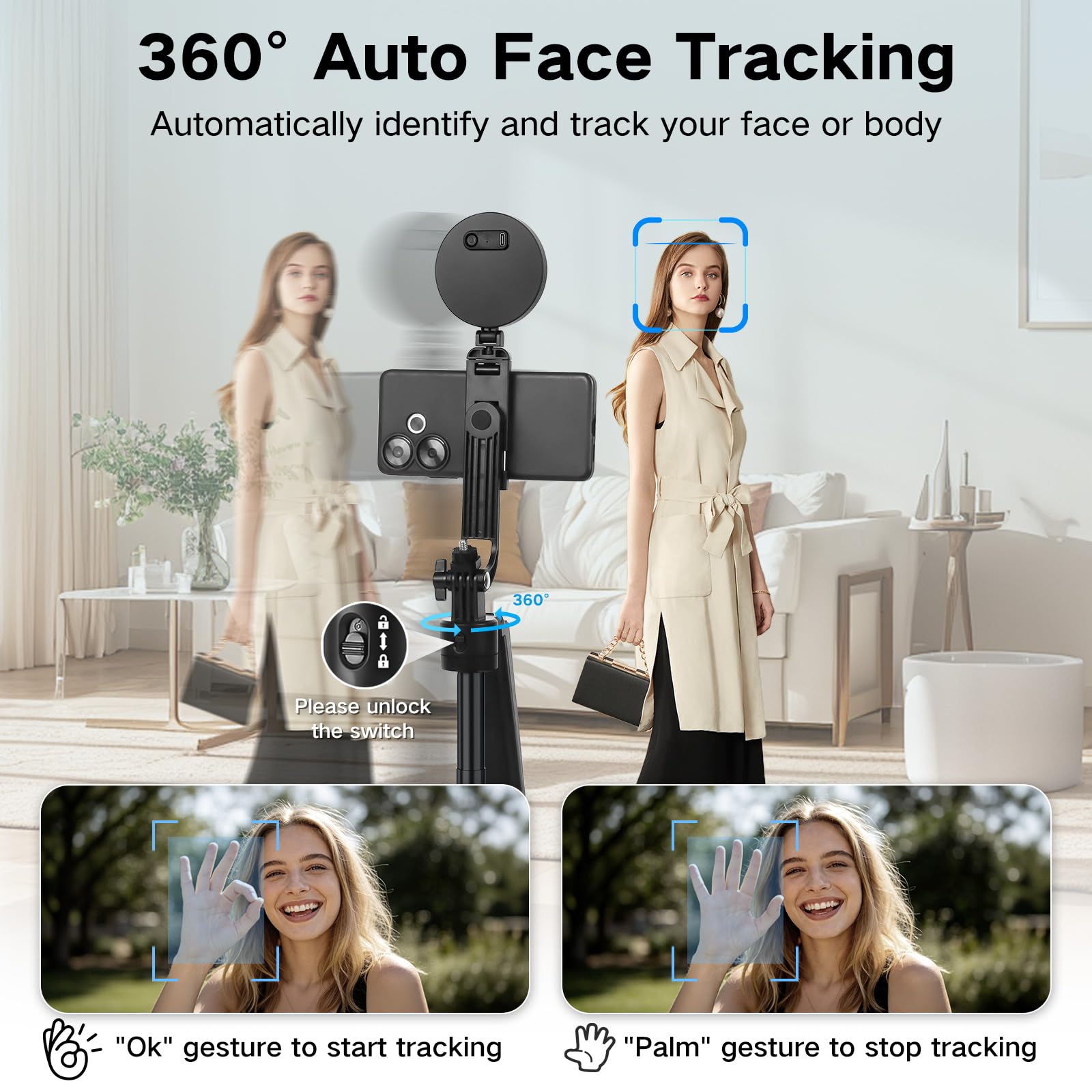 Set di vlogging per iPhone/Android, 180 cm, con tracciamento automatico del viso, rotazione a 360° per cellulare, supporto per contenuti, starter set con luce e microfono, bastone per selfie per