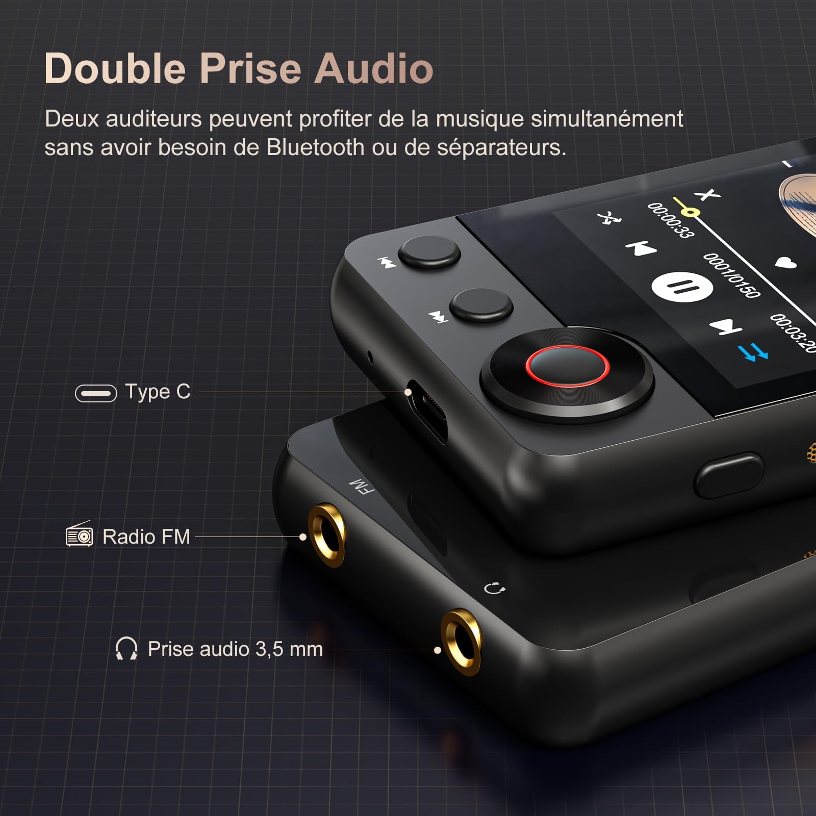 MECHEN Lecteur MP3 Bluetooth 128 GO, Écran Tactile de 2,4 Pouces, Double Prise Audio, Recherche de Chansons, 6 Listes de Lecture, USB C, Radio FM, Enregistrement