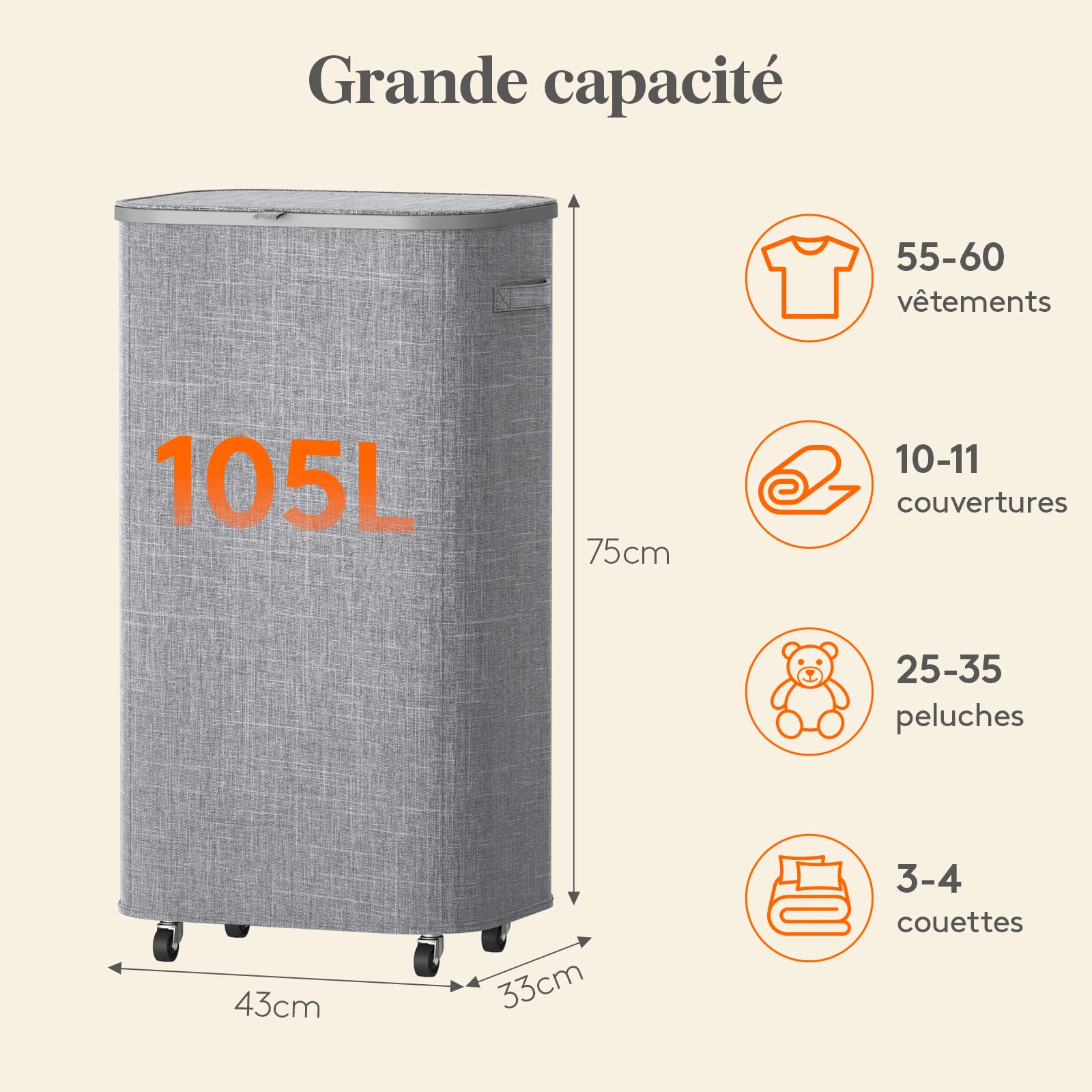 Lifewit Panier a Linge Sale avec Couvercle et Roulettes, Corbeille Linge Pliable avec Sac Amovible, Bac Linge, Laundry Basket pour Chambre, Salle de Bain, Buanderie, 105L, Gris Clair