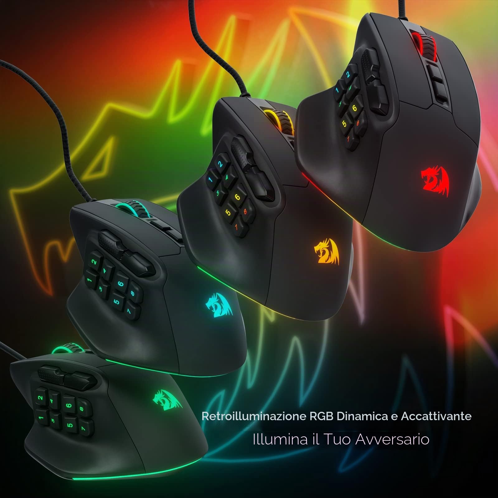 Mouse da gioco Redragon M811 Aatrox MMO, 15 pulsanti programmabili, mouse da gioco RGB cablato con presa ergonomica naturale, 10 tasti macro laterali