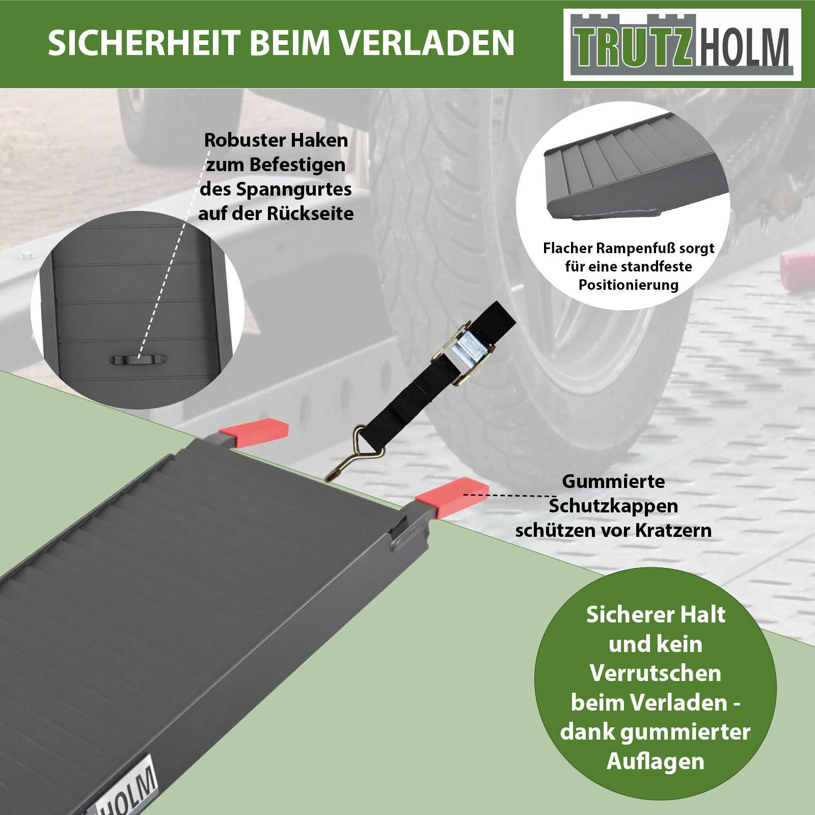 TRUTZHOLM 1x Auffahrrampe klappbar Aluminium Gesamtlänge 205 cm Traglast 340 kg geriffelte Oberfläche gummierte Auflage Rampe Motorradrampe Verladerampe inkl. Spanngurt in schwarz